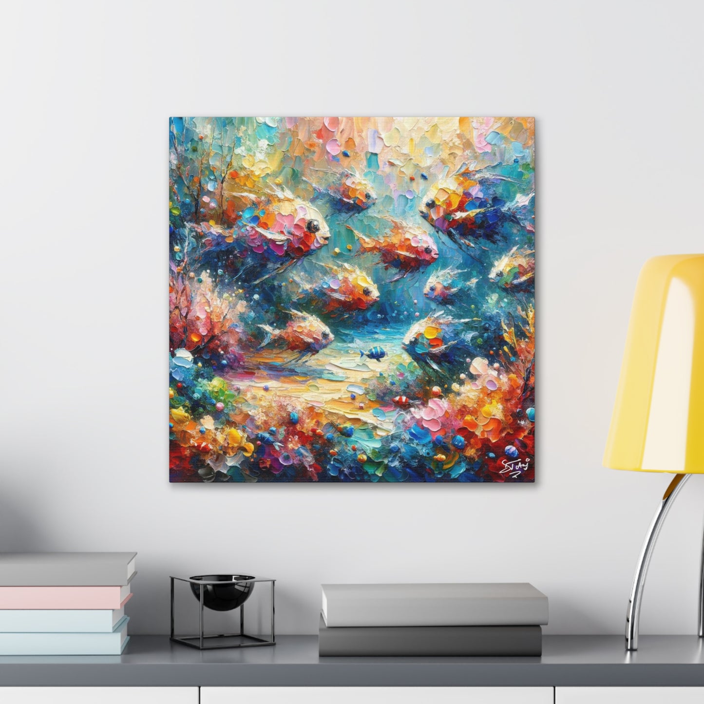 Art Print, Fishes in Coral Reef, Oil Finish, Caribbean Nature, Semi-Abstract, Canvas Gallery Wrap