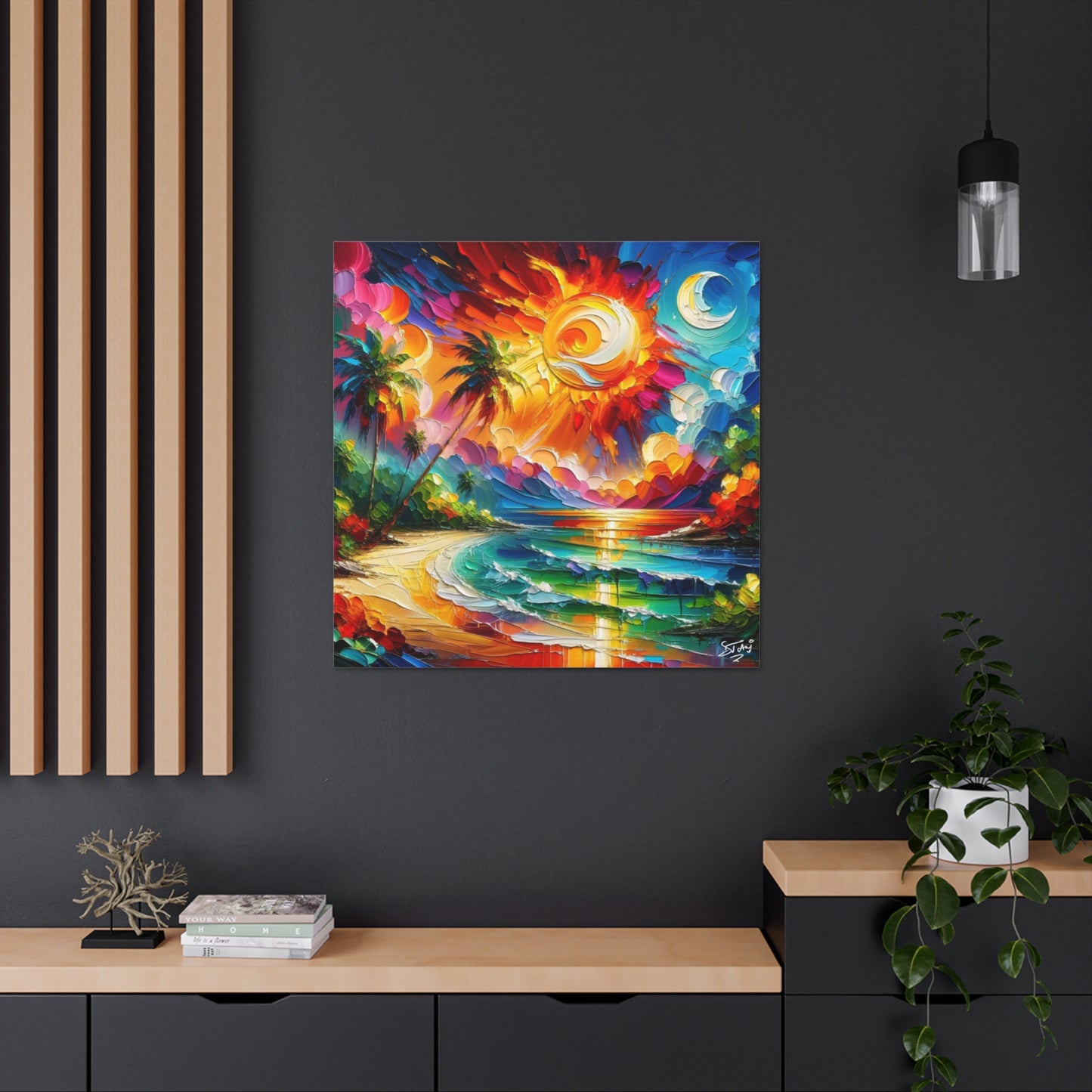 Art Print of Caribbean Sunset Scene, Semi-Abstract, Oil Painting, West Indian Art, Canvas Gallery Wraps