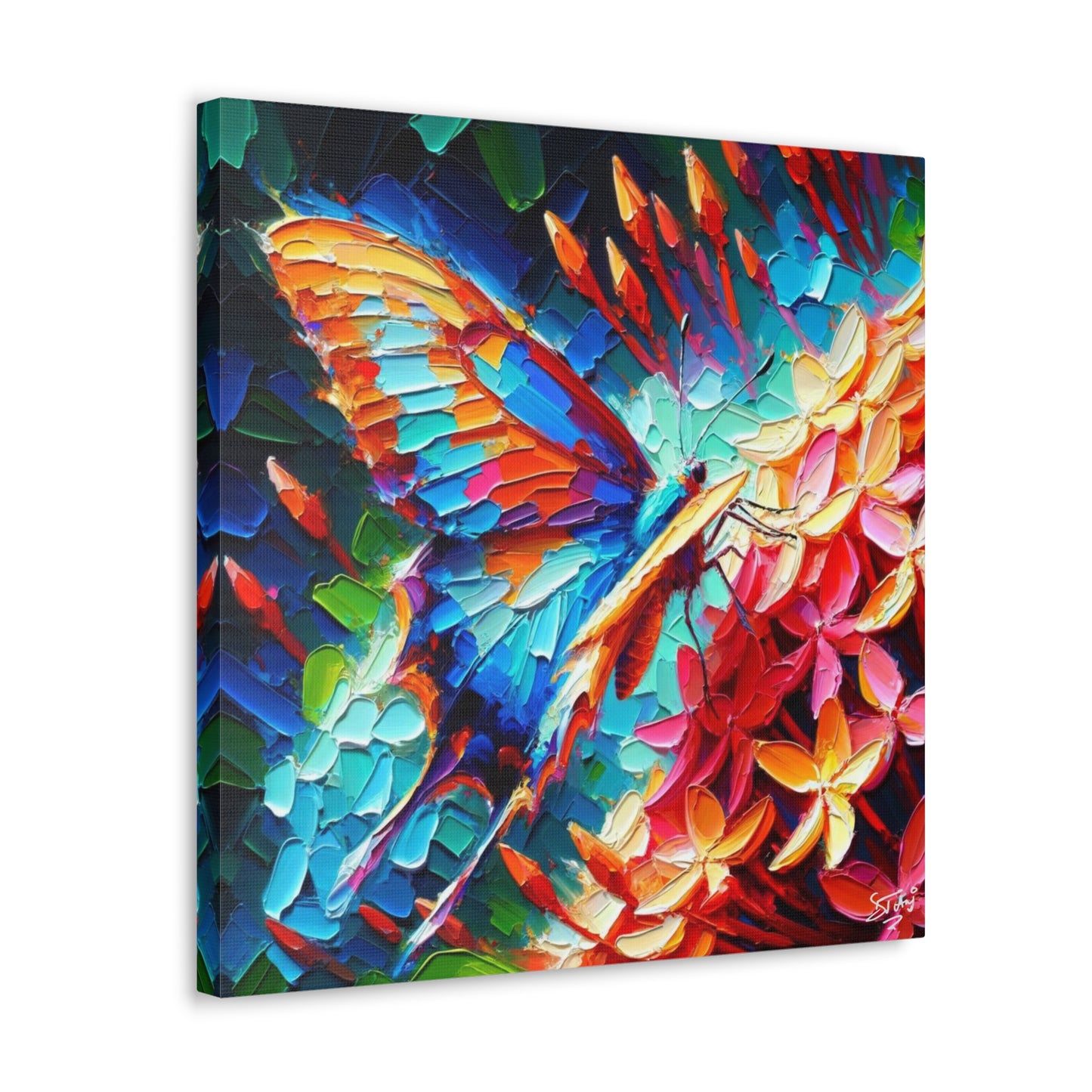 Art Print, Butterfly on Ixoras, Oil Finish, Caribbean Nature, Cultural, Heritage, Semi-Abstract, Canvas Gallery Wrap