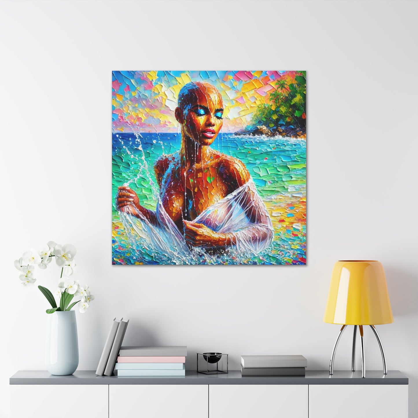 Art Print, Afro-Caribbean Woman, "Sea Bath" Abstract, Oil Finish, West Indian Ethnicity, Cultural, Heritage, Abstract, Canvas Gallery Wrap