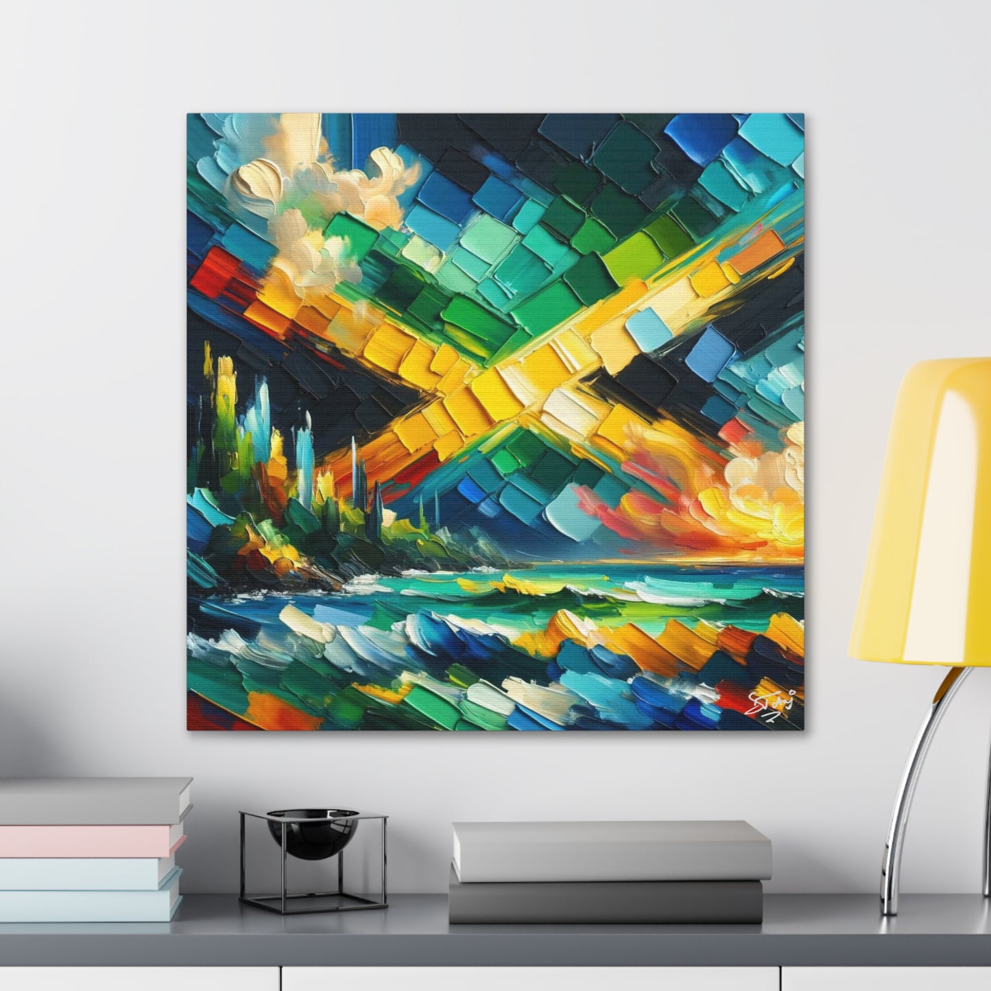 Art Print, Jamaica Abstract Scene, Oil Finish, Unity, One Love, Semi-Abstract, Canvas Gallery Wrap