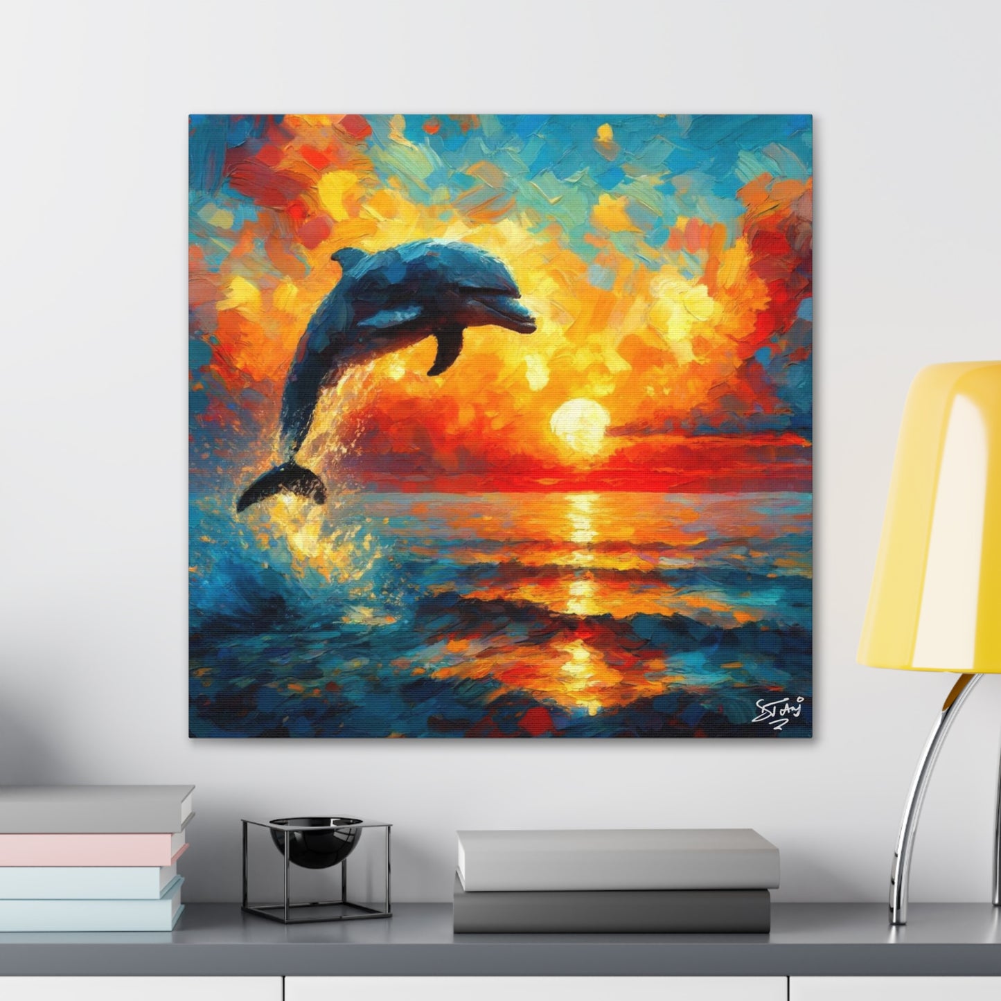 Art Print, Dolphin at Sunset, Oil Finish, Caribbean Nature, Canvas Gallery Wrap