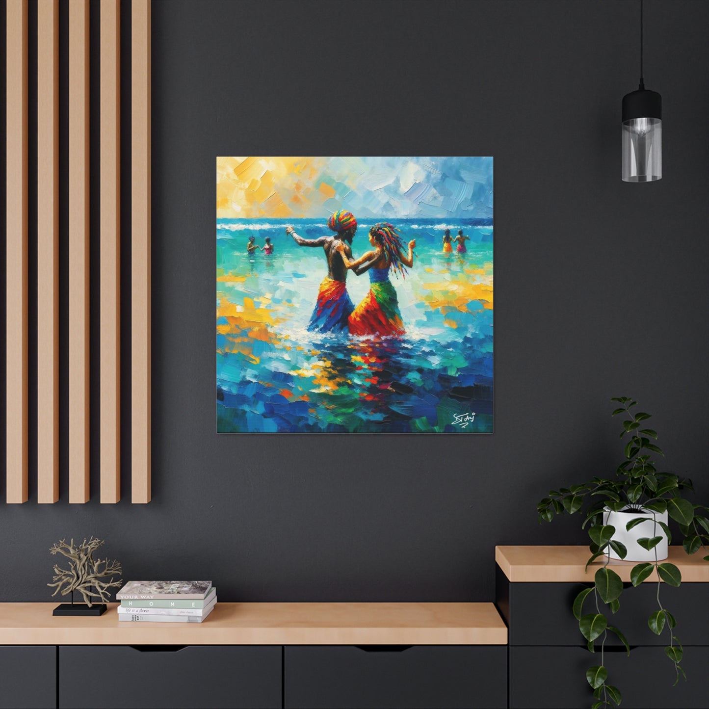 Art Print, Caribbean Couple, "In Our World" Semi-Abstract Oil Finish, West Indian Ethnicity, Cultural, Heritage, Abstract, Canvas Gallery Wrap