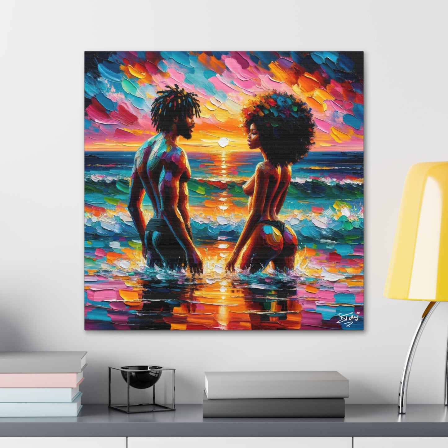 Art Print, Afro-Caribbean Couple in the Ocean, Oil Finish, West Indian Ethnicity, Cultural, Heritage, Semi-Abstract, Canvas Gallery Wrap