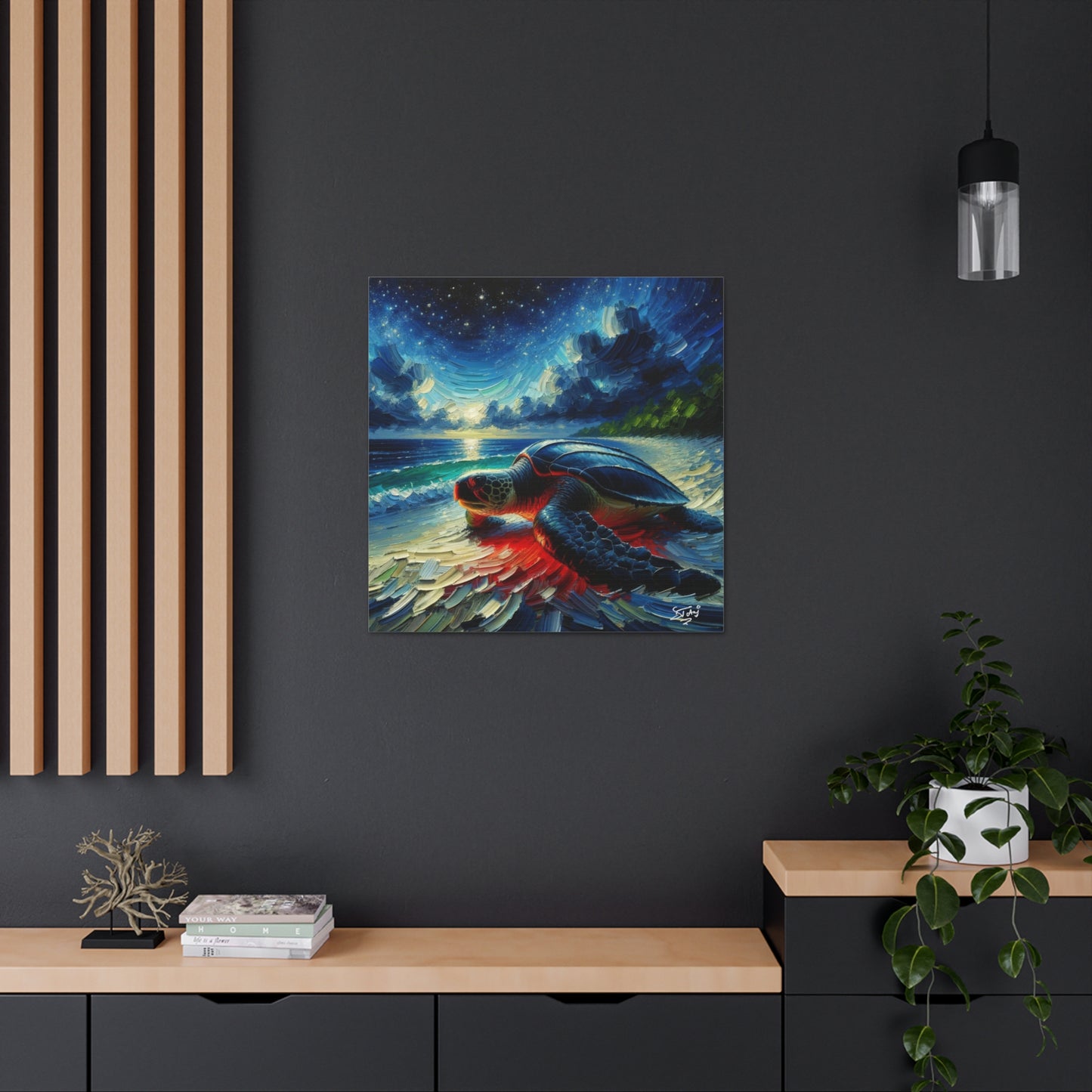 Art Print, Turtle at Night, Caribbean Wildlife, Oil Finish, Caribbean Nature, Culture, Heritage, Canvas Gallery Wrap