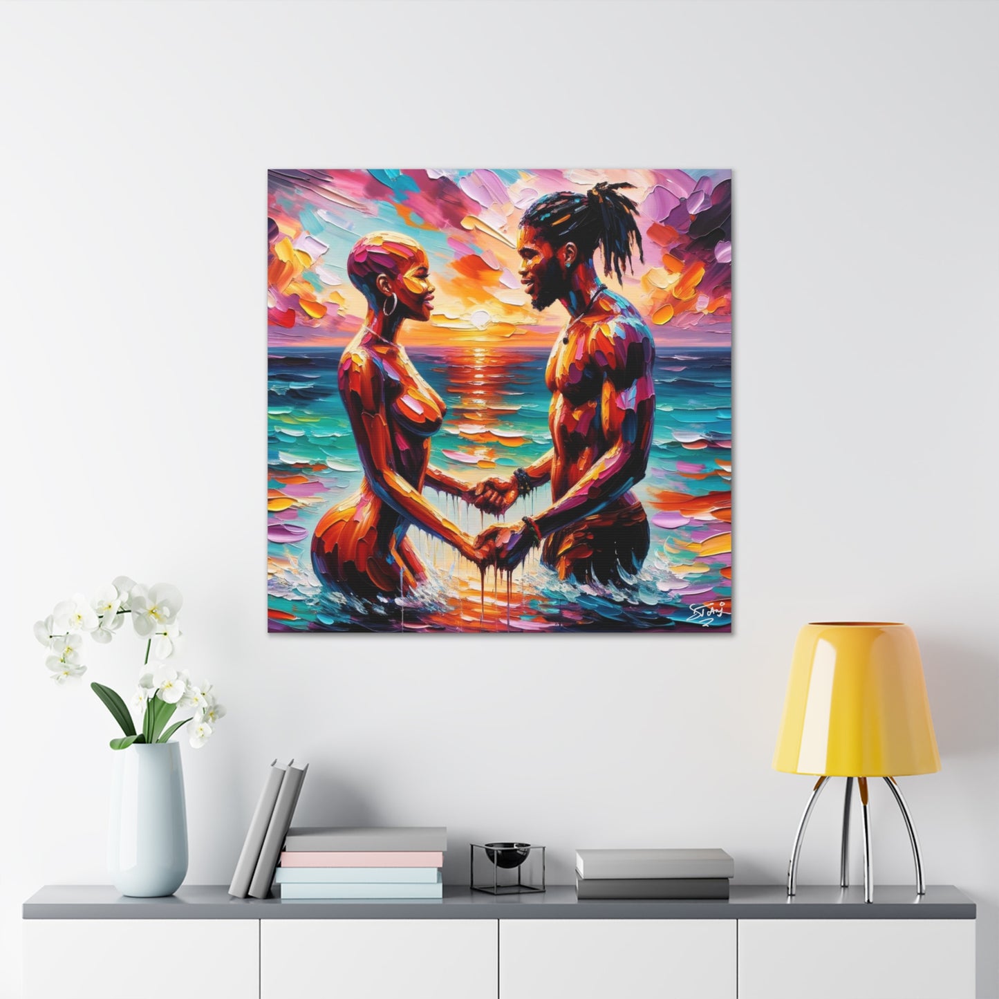 Art Print, Afro-Caribbean Couple "Skinny Dipping," Oil Finish, West Indian Ethnicity, Cultural, Heritage, Semi-Abstract, Canvas Gallery Wrap