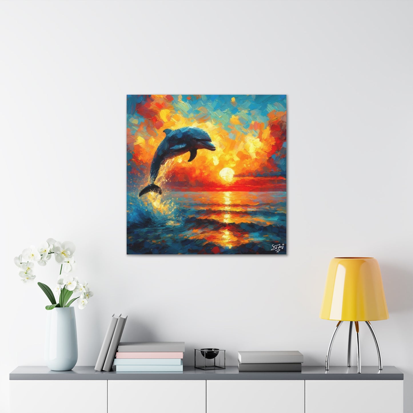 Art Print, Dolphin at Sunset, Oil Finish, Caribbean Nature, Canvas Gallery Wrap