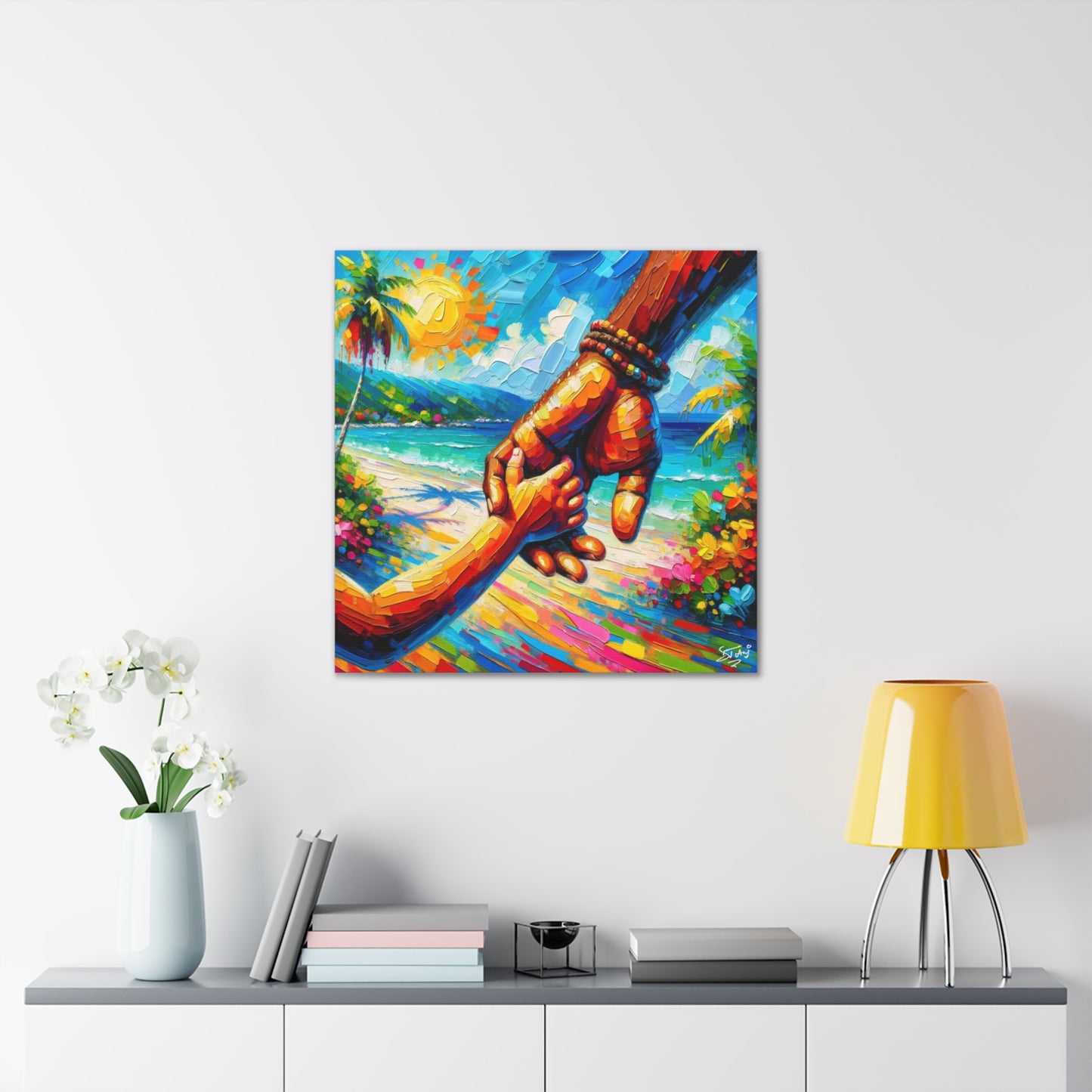 Art Print, Afro-Caribbean Father & Daughter, Oil Finish, West Indian Ethnicity, Cultural, Heritage, Semi-Abstract, Canvas Gallery Wrap