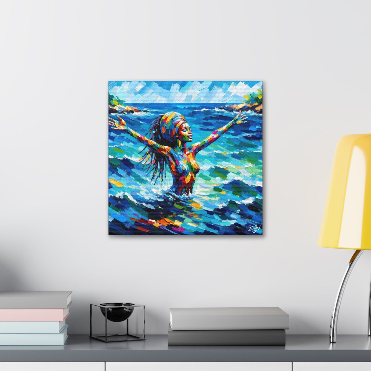 Art Print, Black Woman, Sea Bath, Oil Finish, Caribbean Nature, Semi-Abstract, Canvas Gallery Wrap