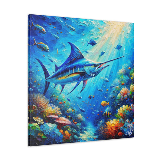 Art Print, Blue Marlin in Coral Reef, Oil Finish, Caribbean Nature, Semi-Abstract, Canvas Gallery Wrap