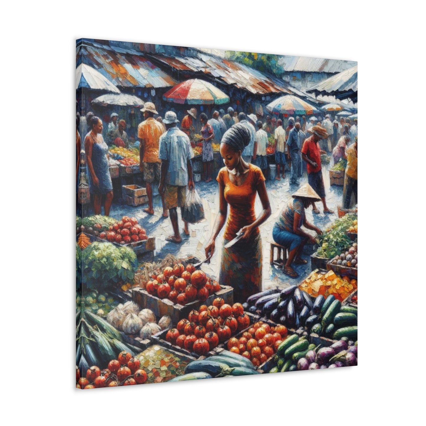 Art Print#4, "Selling at the Market", Market Scene in Trinidad, Caribbean, Oil Finish, West Indian Art, Canvas Gallery Wraps