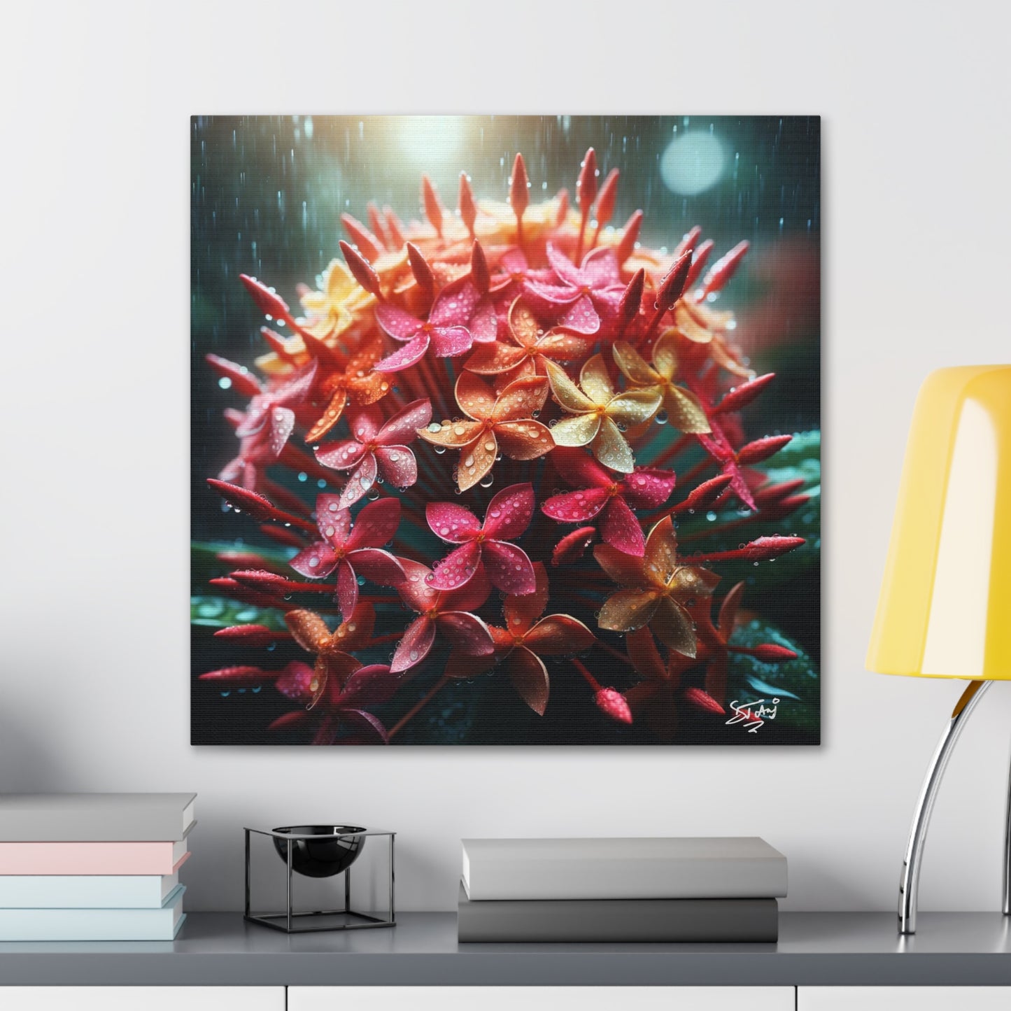 Print of Ixora Flower in The Rain, Caribbean, Vibrant and Vivid Colors of Ixora flowers, Trinidad and Tobago, Canvas Gallery Wraps