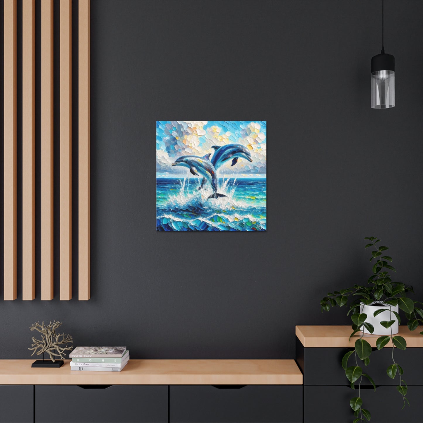 Art Print, Two Dolphins, Oil Finish, Caribbean Nature, Canvas Gallery Wrap