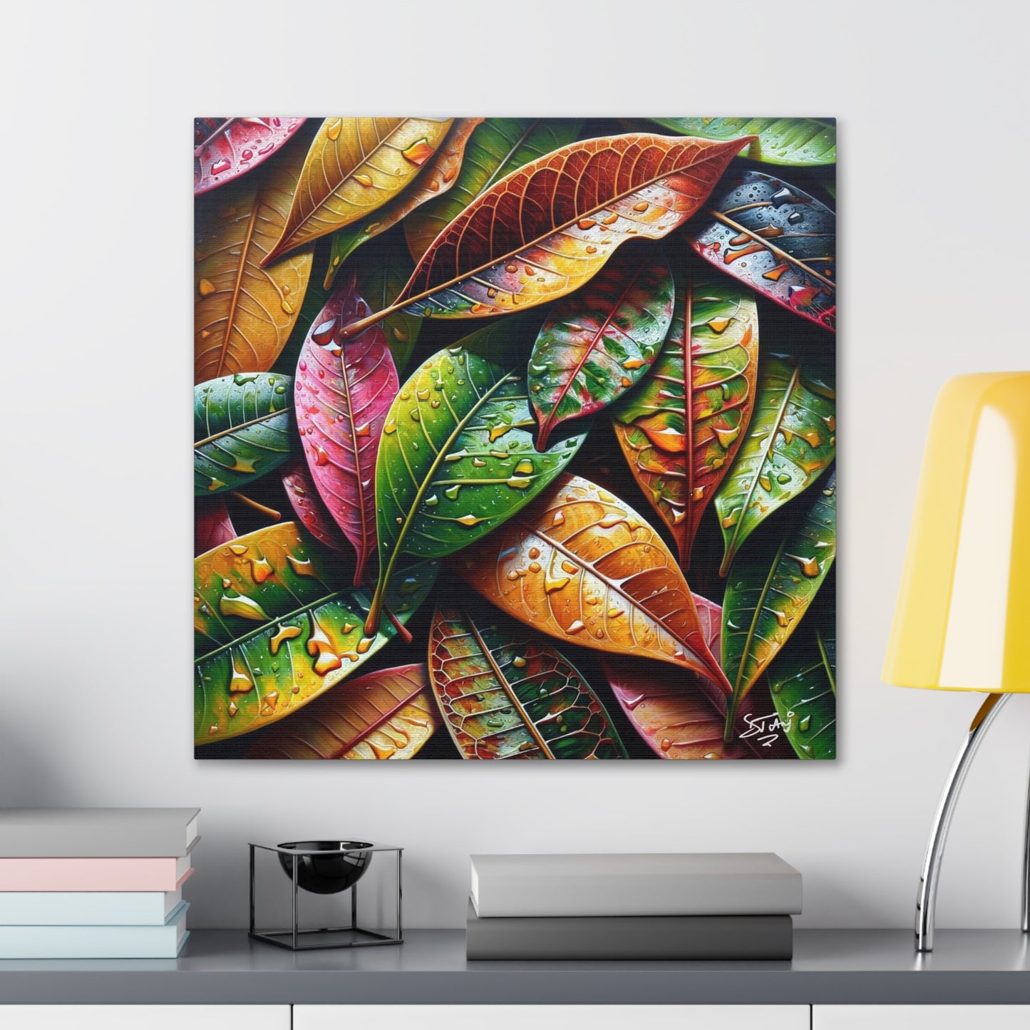 Oil Print#4 of Croton Plant, Close-up, Still Wet from Recent Rain, Caribbean, Tropical Plant, Canvas Gallery Wraps