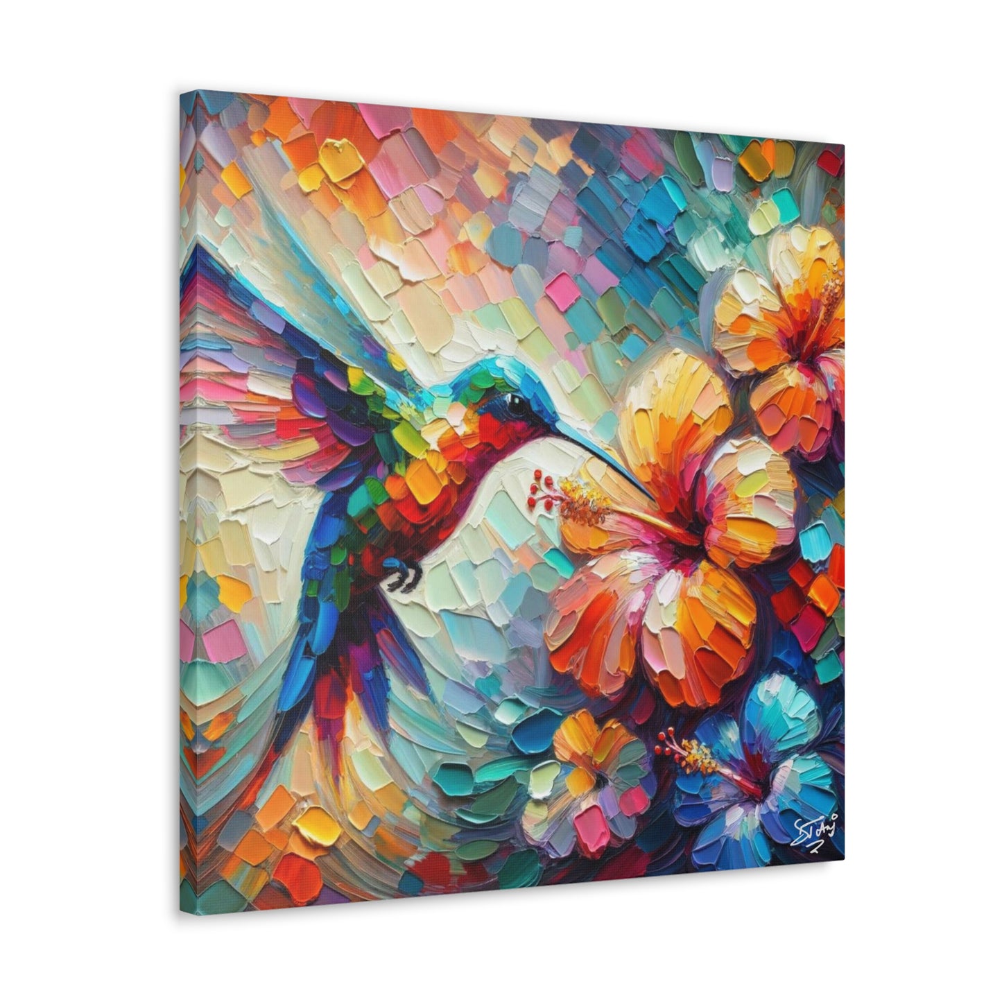 Art Print, Hummingbird on Hibiscus, Oil Finish, Caribbean Nature, Cultural, Heritage, Semi-Abstract, Canvas Gallery Wrap