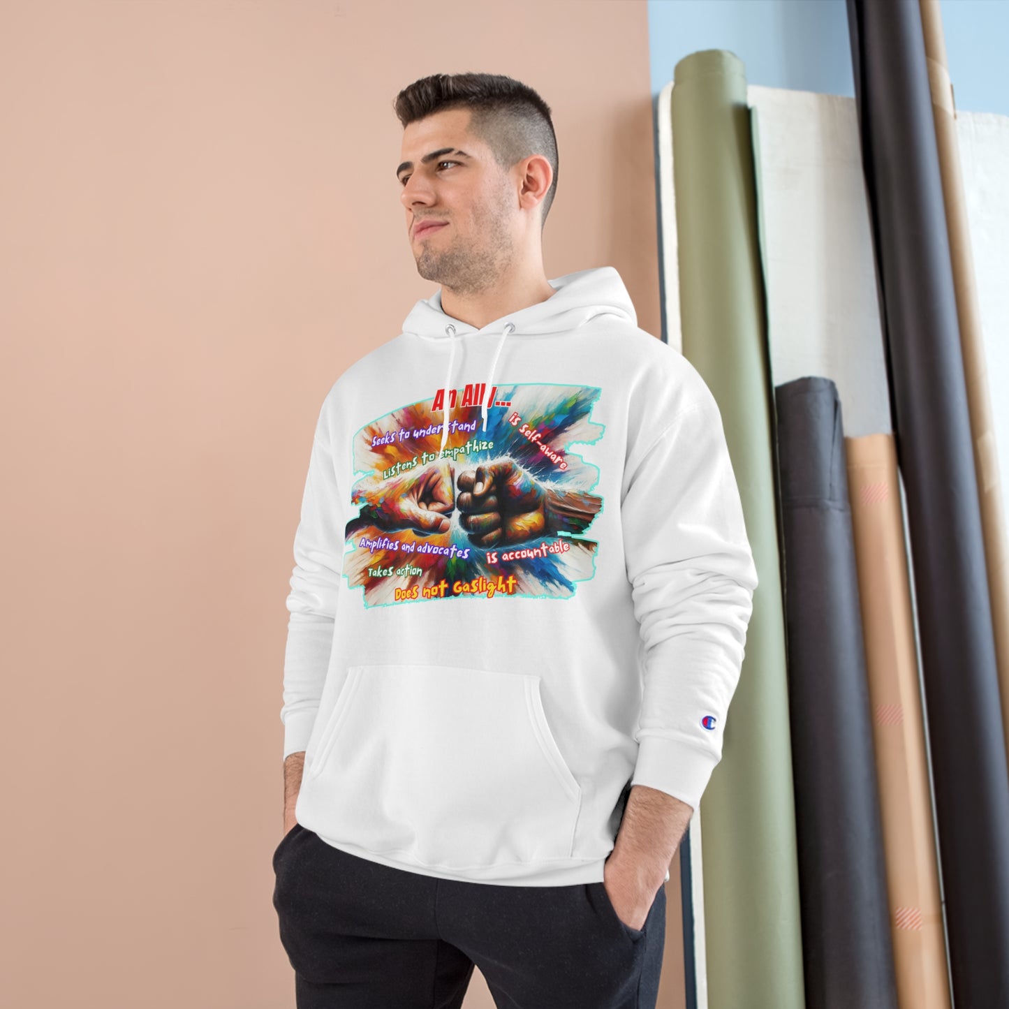 Champion Hoodie, "An Ally..." Inclusion, Anti-Racism, Racial Justice, One Love, Unity, Diversity, Immigrant Outsiders, Caribbean Culture, FashionWithPurpose, ConsciousClothing, Cultural Identity, Black Inspiration Empowerment