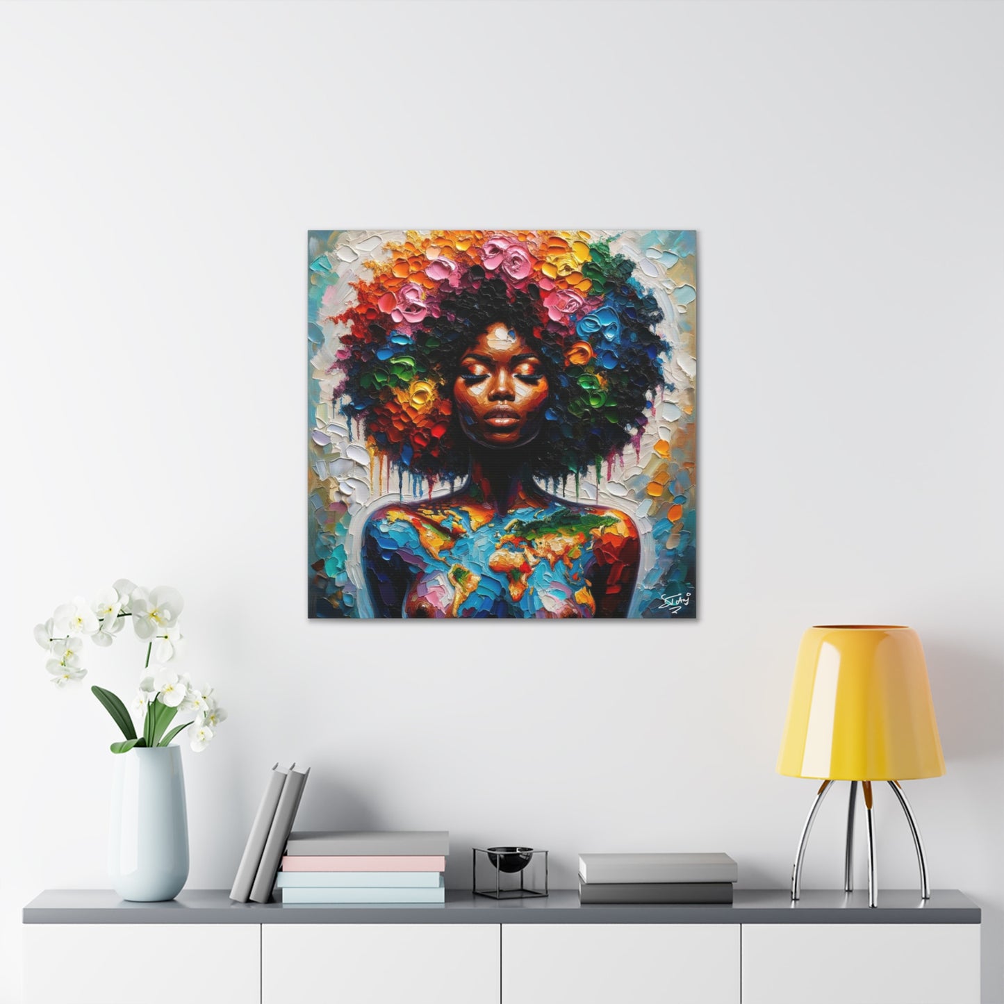 Art Print, Caribbean Woman "World Unity" Oil Finish, West Indian Ethnicity, Cultural, Heritage, Semi-Abstract, Canvas Gallery Wrap