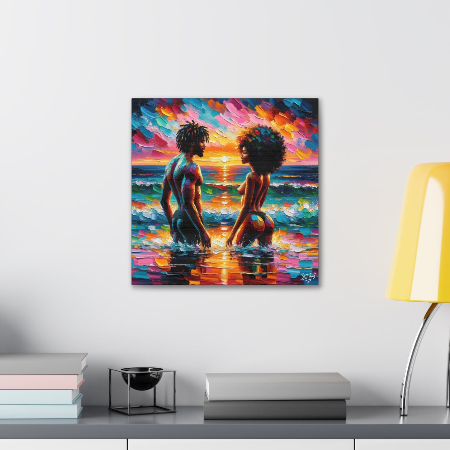 Art Print, Afro-Caribbean Couple in the Ocean, Oil Finish, West Indian Ethnicity, Cultural, Heritage, Semi-Abstract, Canvas Gallery Wrap