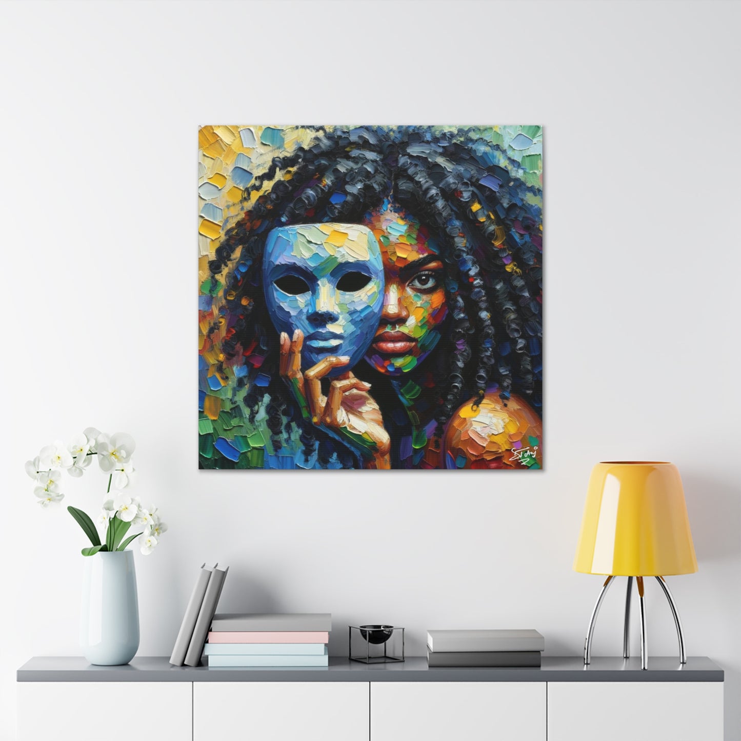 Art Print, Afro-Caribbean Woman Behind Mask, Oil Finish, West Indian Ethnicity, Cultural, Heritage, Semi-Abstract, Canvas Gallery Wrap