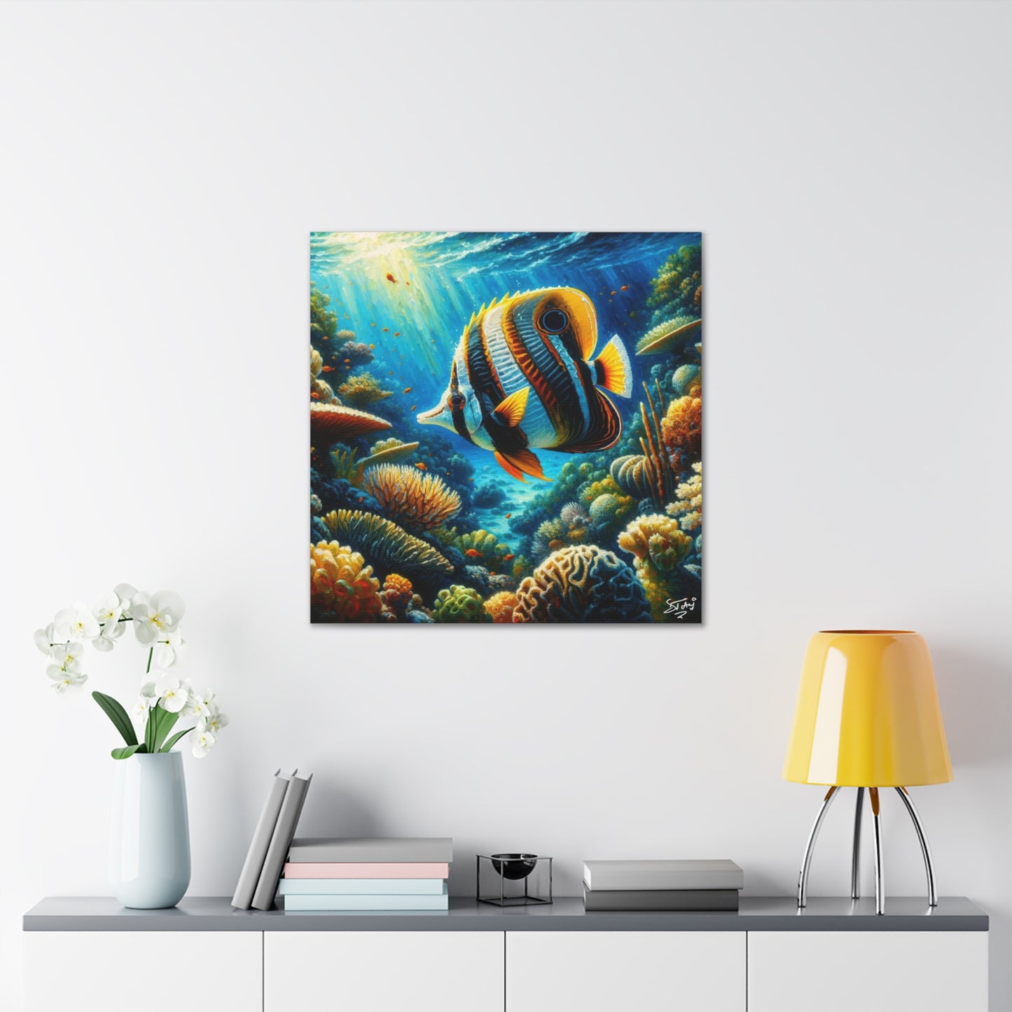 Art Print, Banded Butterflyfish in Coral Reef, Oil Finish, Caribbean Nature, Semi-Abstract, Canvas Gallery Wrap