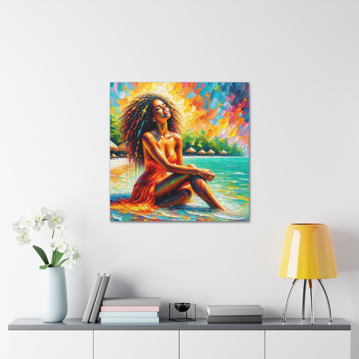 Art Print, Indo-Caribbean Woman, "Chilling on the Beach" Oil Finish, West Indian Ethnicity, Cultural, Heritage, Abstract, Canvas Gallery Wrap