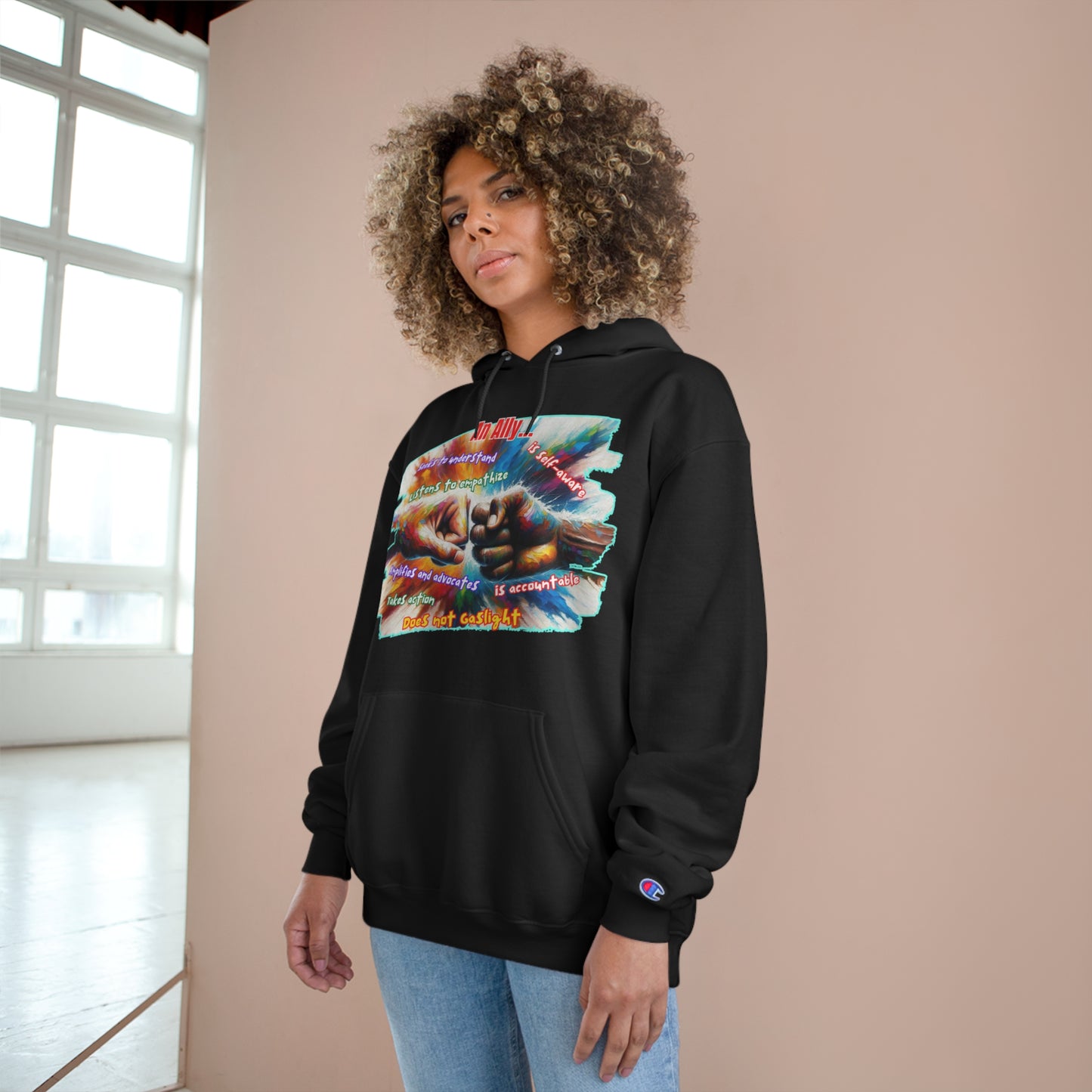 Champion Hoodie, "An Ally..." Inclusion, Anti-Racism, Racial Justice, One Love, Unity, Diversity, Immigrant Outsiders, Caribbean Culture, FashionWithPurpose, ConsciousClothing, Cultural Identity, Black Inspiration Empowerment