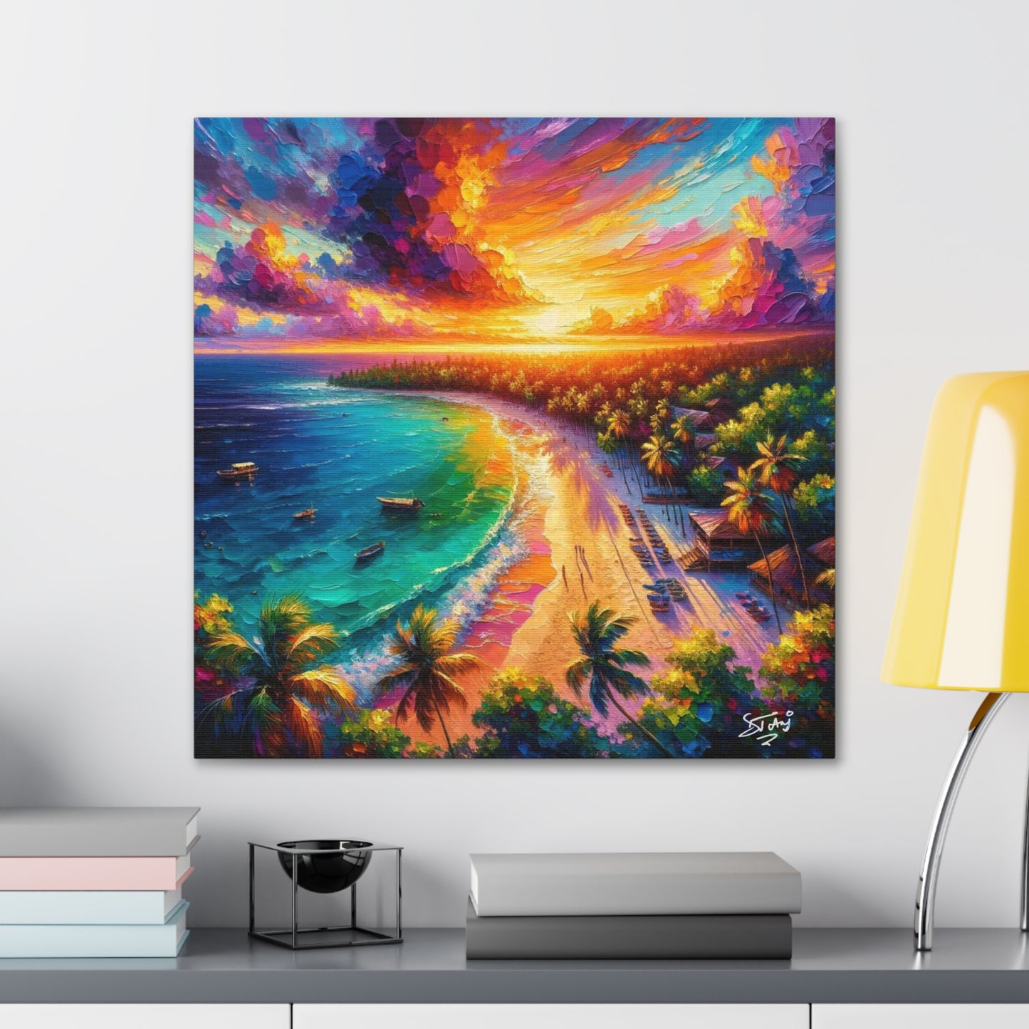 Art Print of Caribbean Beach Sunset Scene, Oil Painting, West Indian Art, Canvas Gallery Wraps