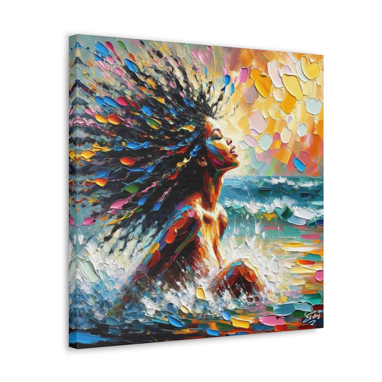 Art Print, Afro-Caribbean Woman, "Enjoying the Sunset" Abstract, Oil Finish, West Indian Ethnicity, Cultural, Heritage, Abstract, Canvas Gallery Wrap