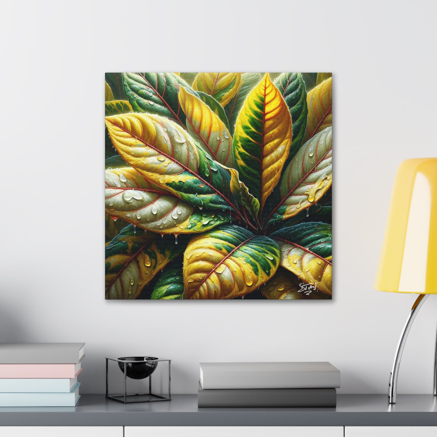 Oil Print of Croton Plant, Close-up, Still Wet from Recent Rain, Caribbean, Tropical Plant, Canvas Gallery Wraps