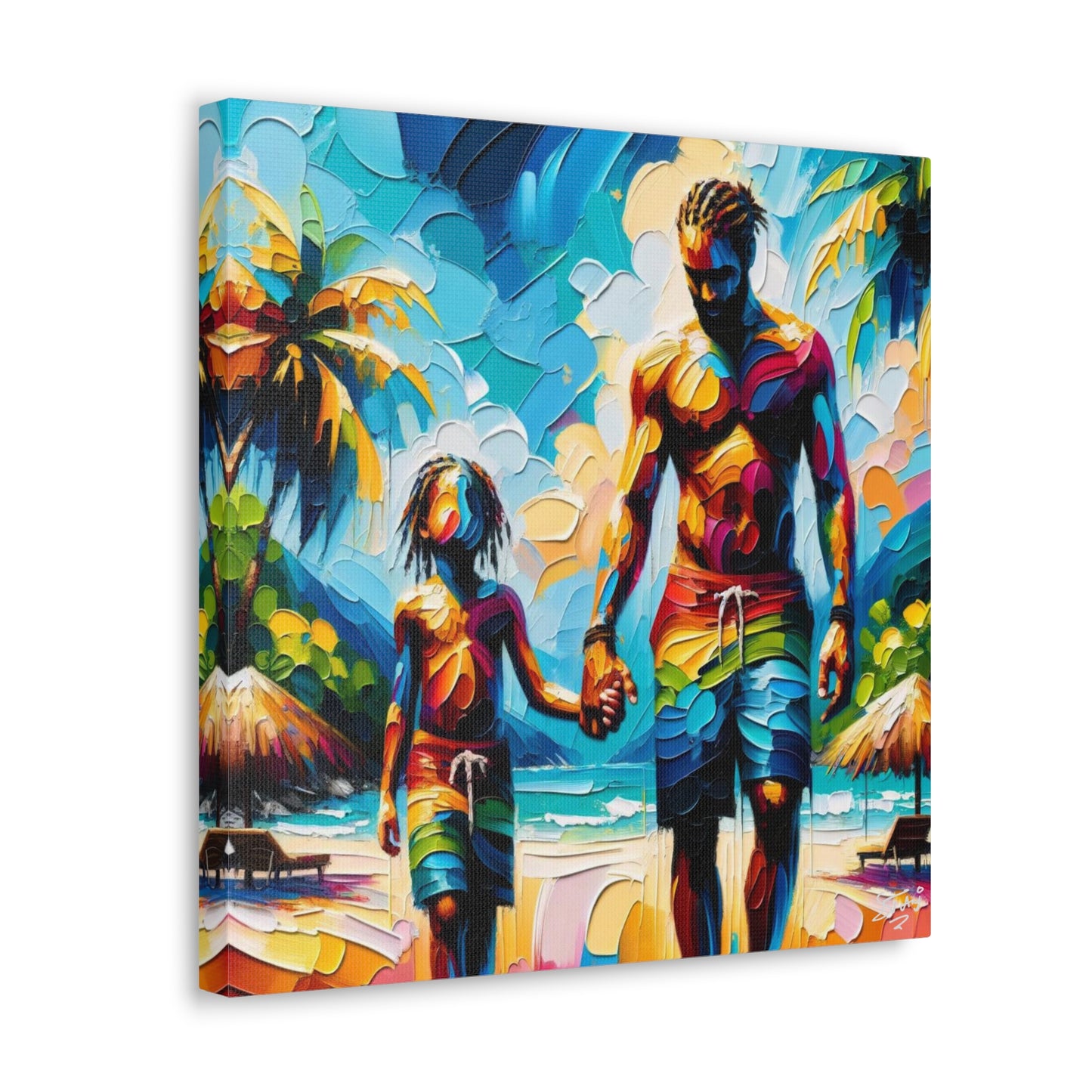 Art Print, Afro-Caribbean Father & Son, Oil Finish, West Indian Ethnicity, Cultural, Heritage, Semi-Abstract, Canvas Gallery Wrap