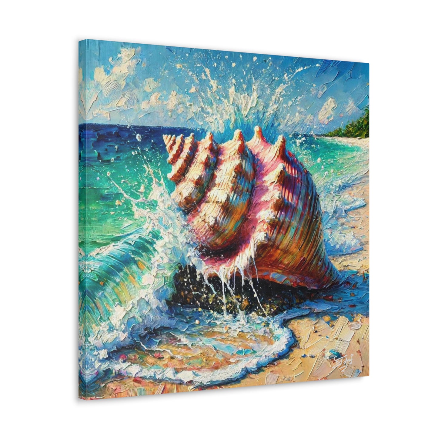 Art Print, Seashell, Caribbean Beach Scene, Abstract, Oil Painting, West Indian Art, Canvas Gallery Wraps