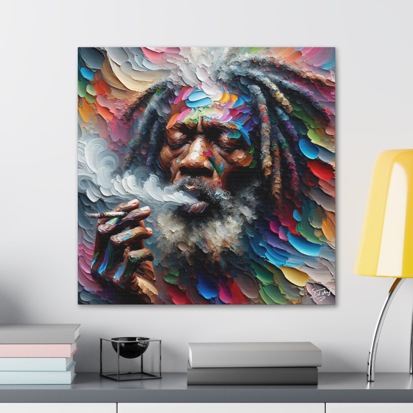 Art Print, "Rastaman Live Up (2)" Oil Finish, West Indian Ethnicity, Cultural, Heritage, Semi-Abstract, Canvas Gallery Wrap