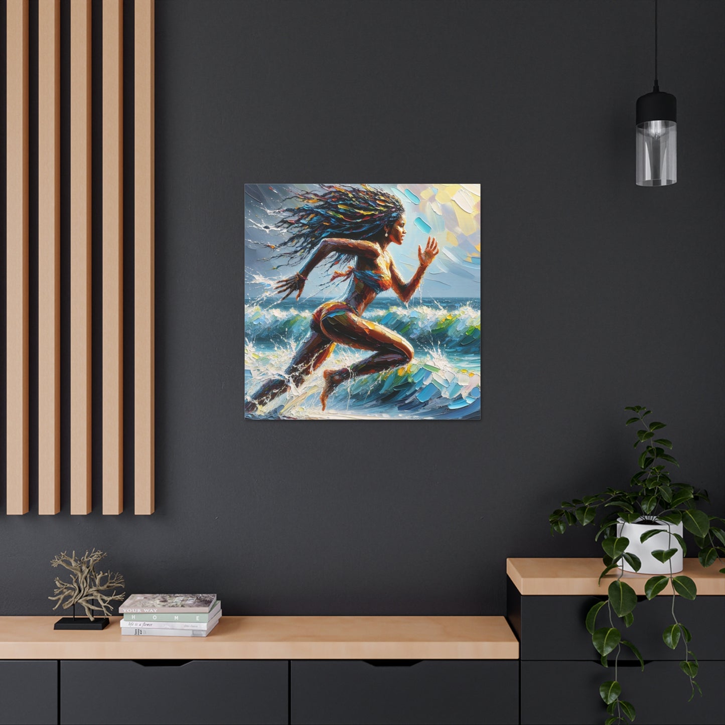 Art Print#3, East Indian Woman from Trinidad running into the Atlantic Ocean, Caribbean, Oil Finish, West Indian Art, Canvas Gallery Wraps