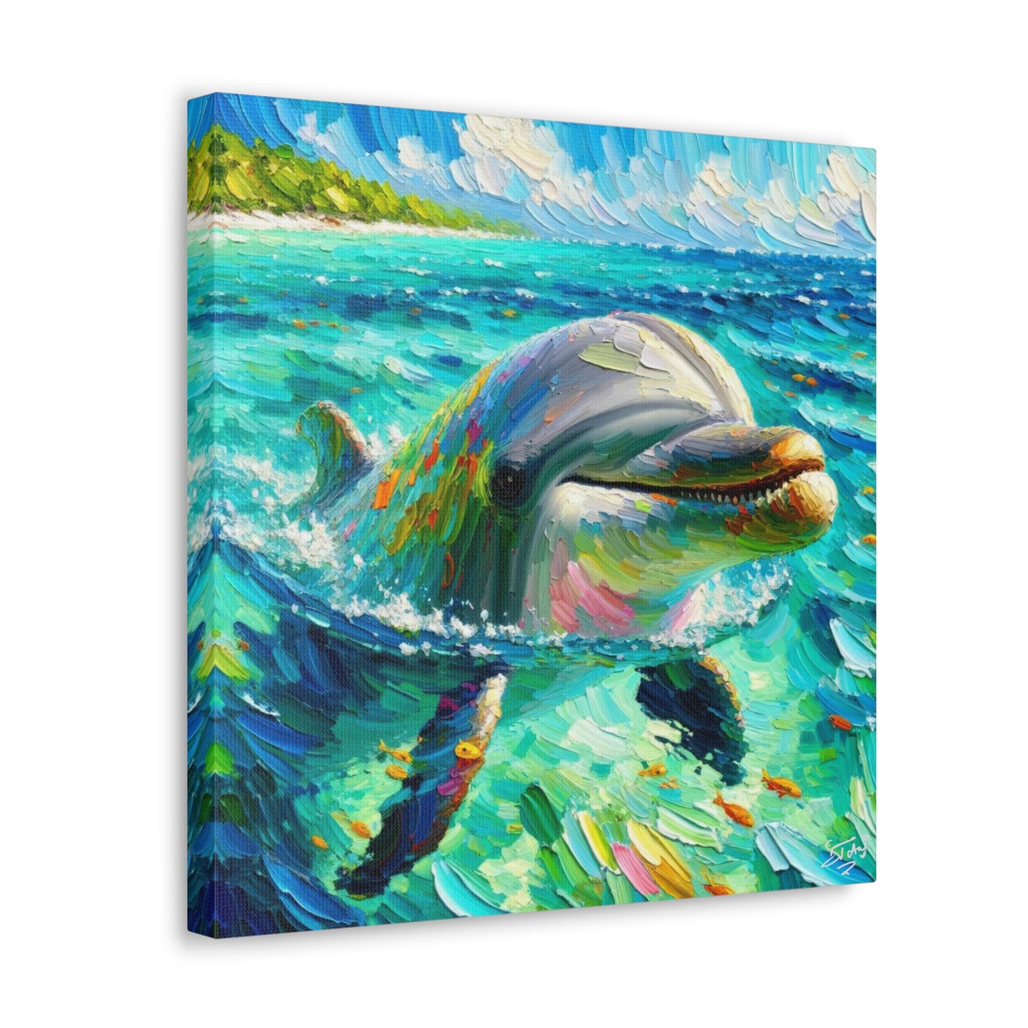 Art Print, Dolphin in Caribbean Sea, Oil Finish, Caribbean Nature, Canvas Gallery Wrap