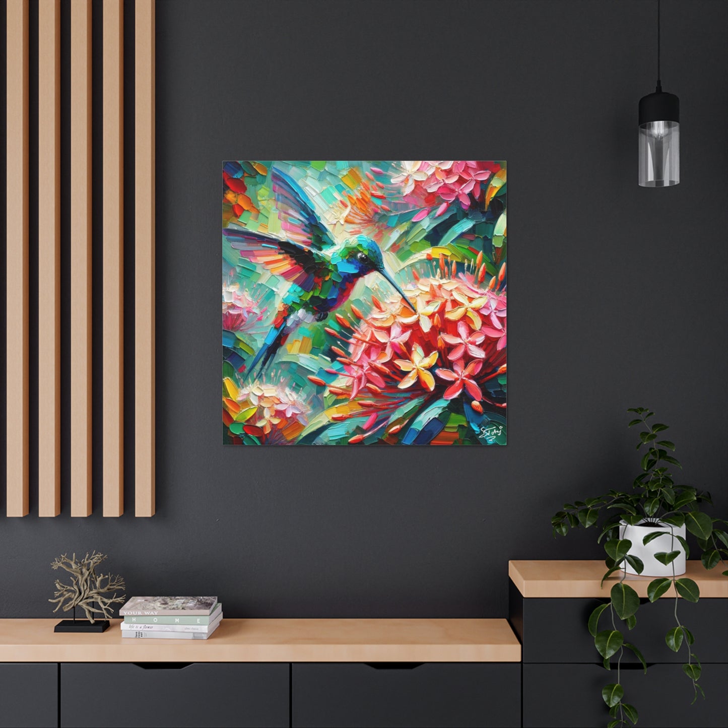 Art Print, Hummingbird, Oil Finish, Caribbean Nature, Cultural, Heritage, Semi-Abstract, Canvas Gallery Wrap