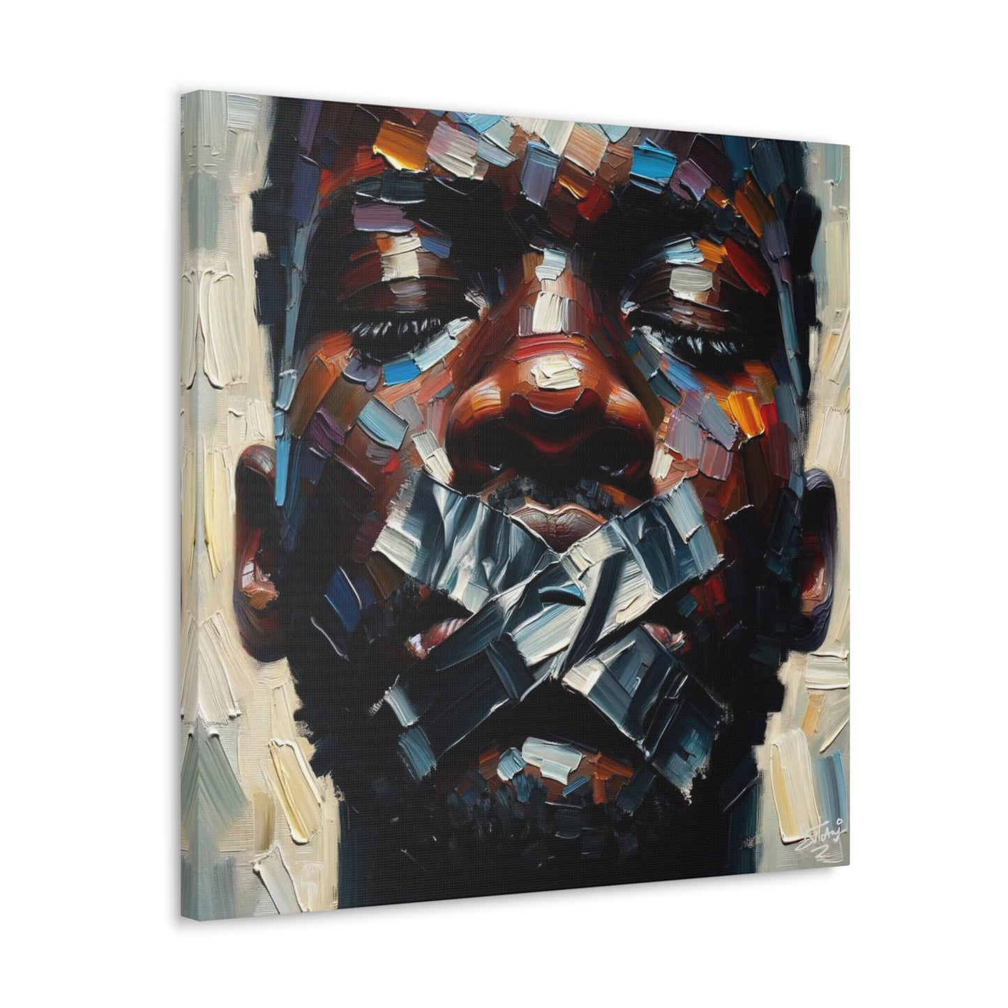 Art Print, Afro-Caribbean Man Silenced? Oil Finish, West Indian Ethnicity, Cultural, Heritage, Semi-Abstract, Canvas Gallery Wrap