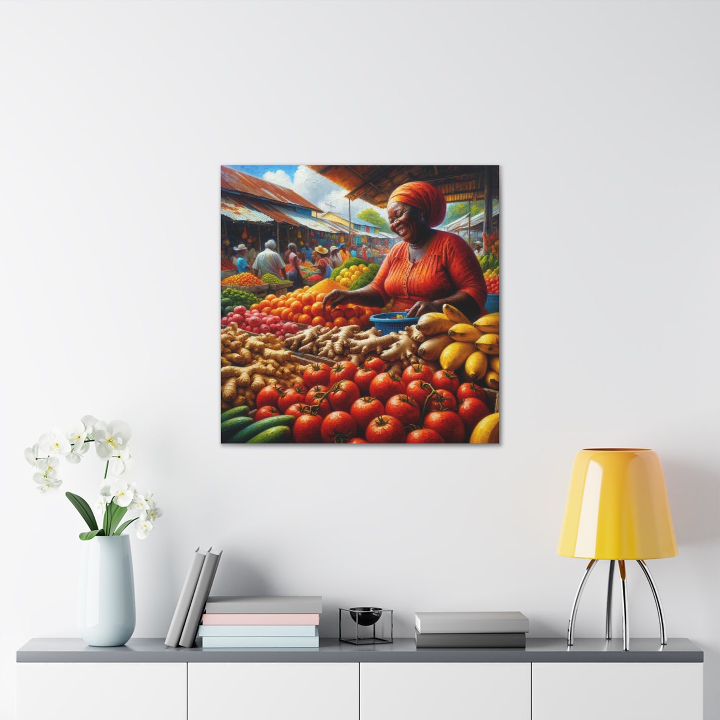 Art Print#6, "Selling at the Market", Market Scene in Trinidad, Caribbean, Oil Finish, West Indian Art, Canvas Gallery Wraps