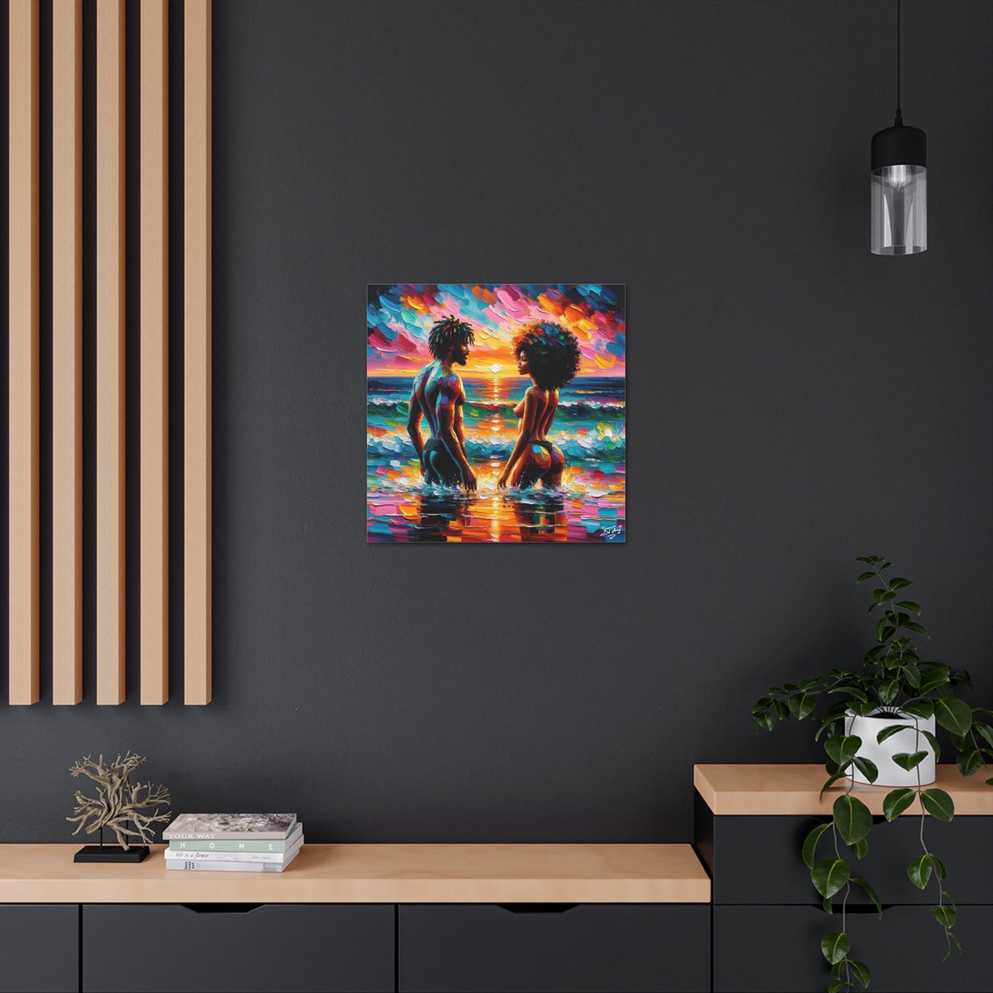 Art Print, Afro-Caribbean Couple in the Ocean, Oil Finish, West Indian Ethnicity, Cultural, Heritage, Semi-Abstract, Canvas Gallery Wrap