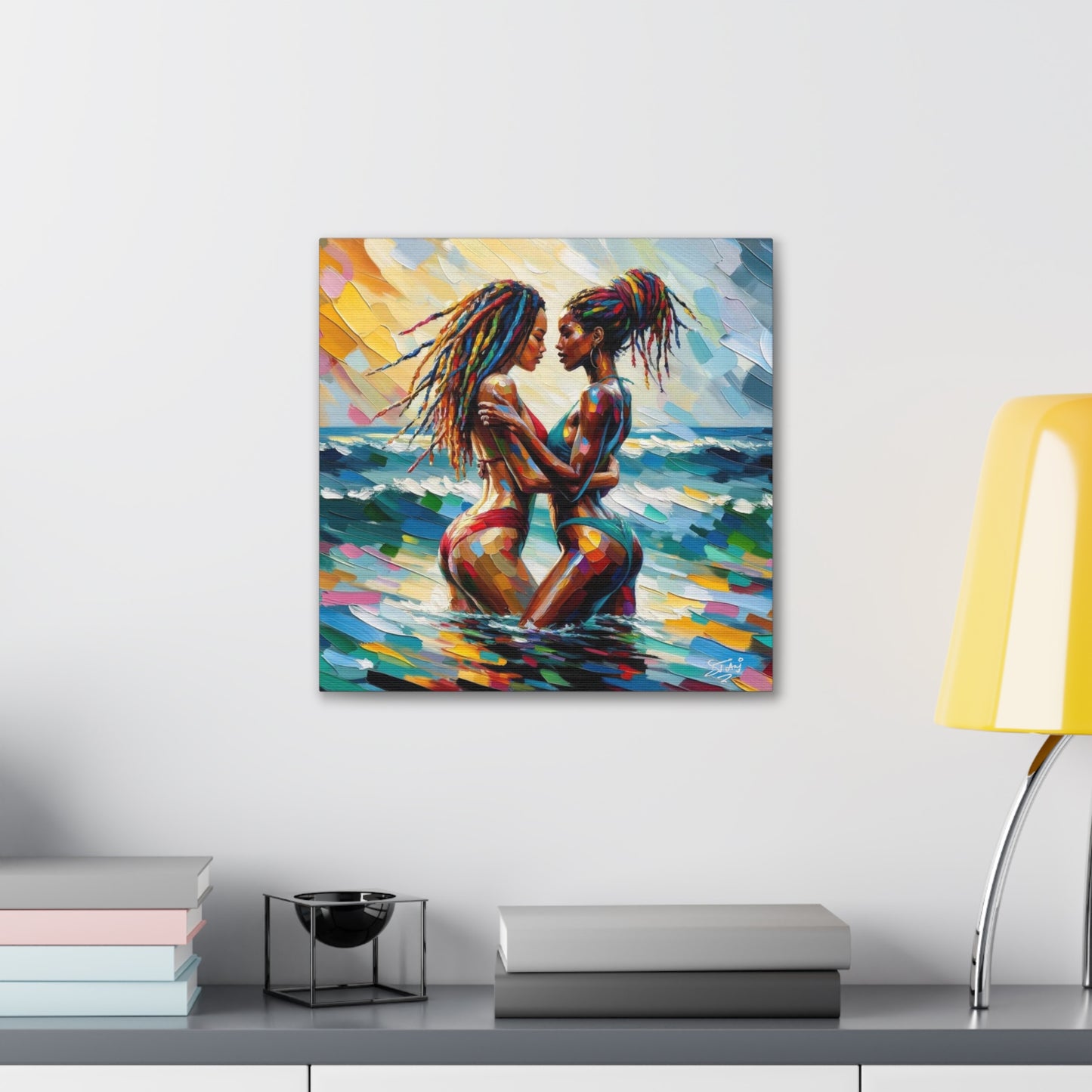 Art Print, Caribbean Couple, "In Our World" Semi-Abstract Oil Finish, West Indian Ethnicity, Cultural, Heritage, Abstract, Canvas Gallery Wrap