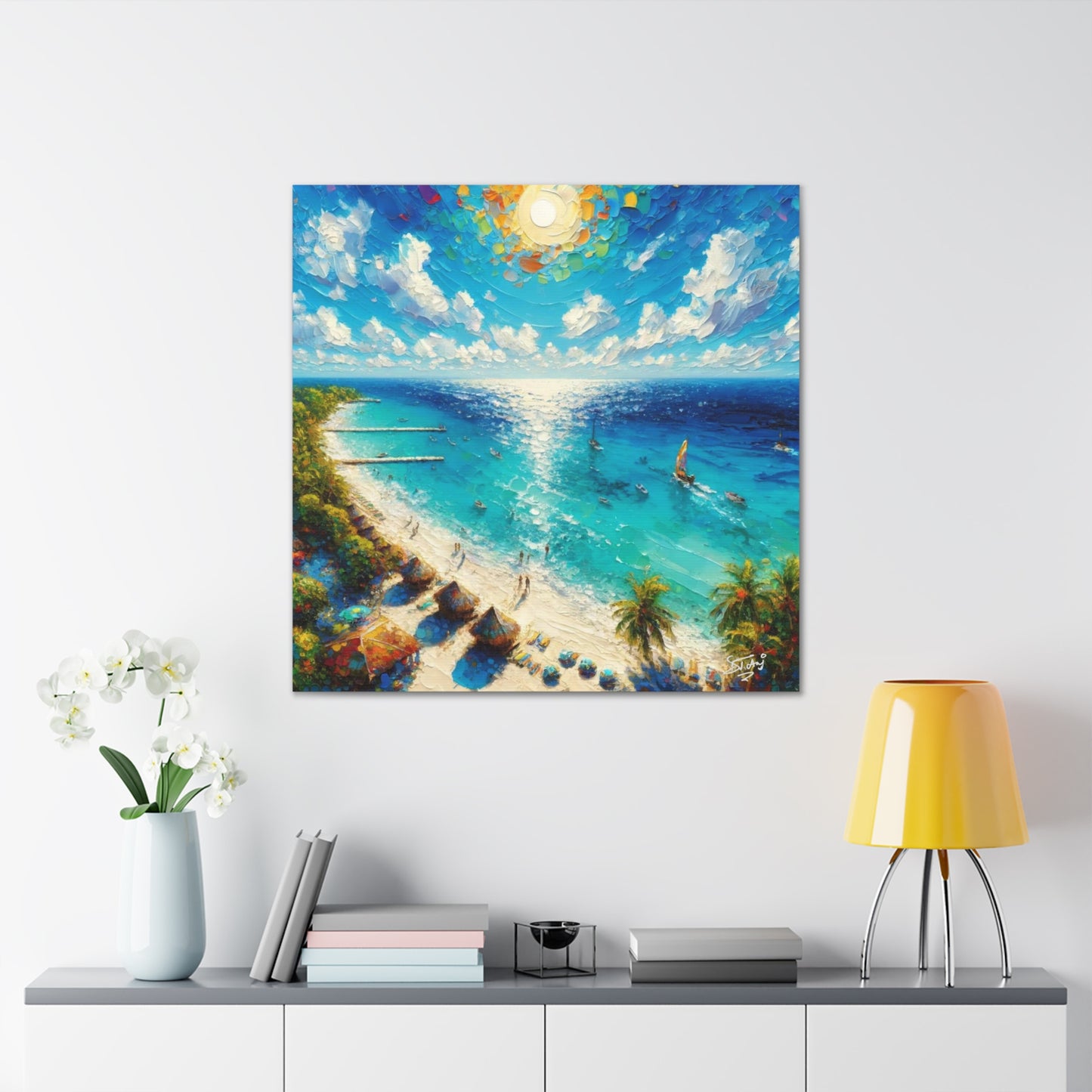 Art Print of Caribbean Beach Scene, Abstract, Oil Painting, West Indian Art, Canvas Gallery Wraps