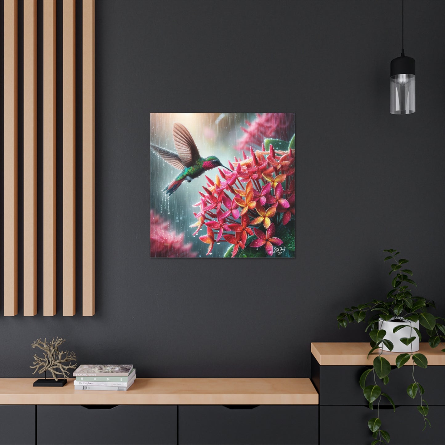 Print of Hummingbird in the Rain Hovering over Ixora Flower, Oil Paint Finish, Caribbean, Tropical, Canvas Gallery Wraps