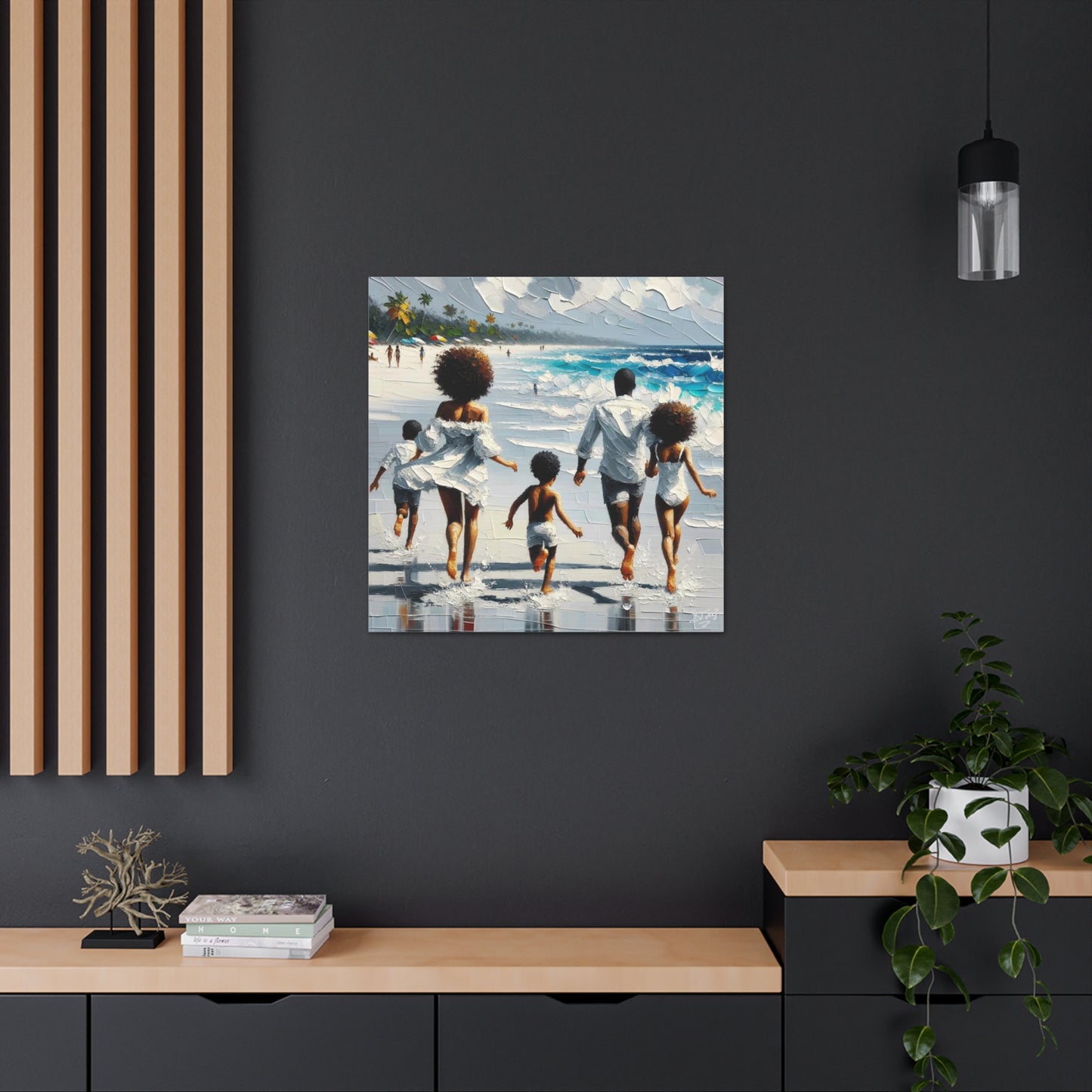 Art Print, Afro-Caribbean Family on the Beach, Oil Finish, West Indian Ethnicity, Cultural, Heritage, Semi-Abstract, Canvas Gallery Wrap