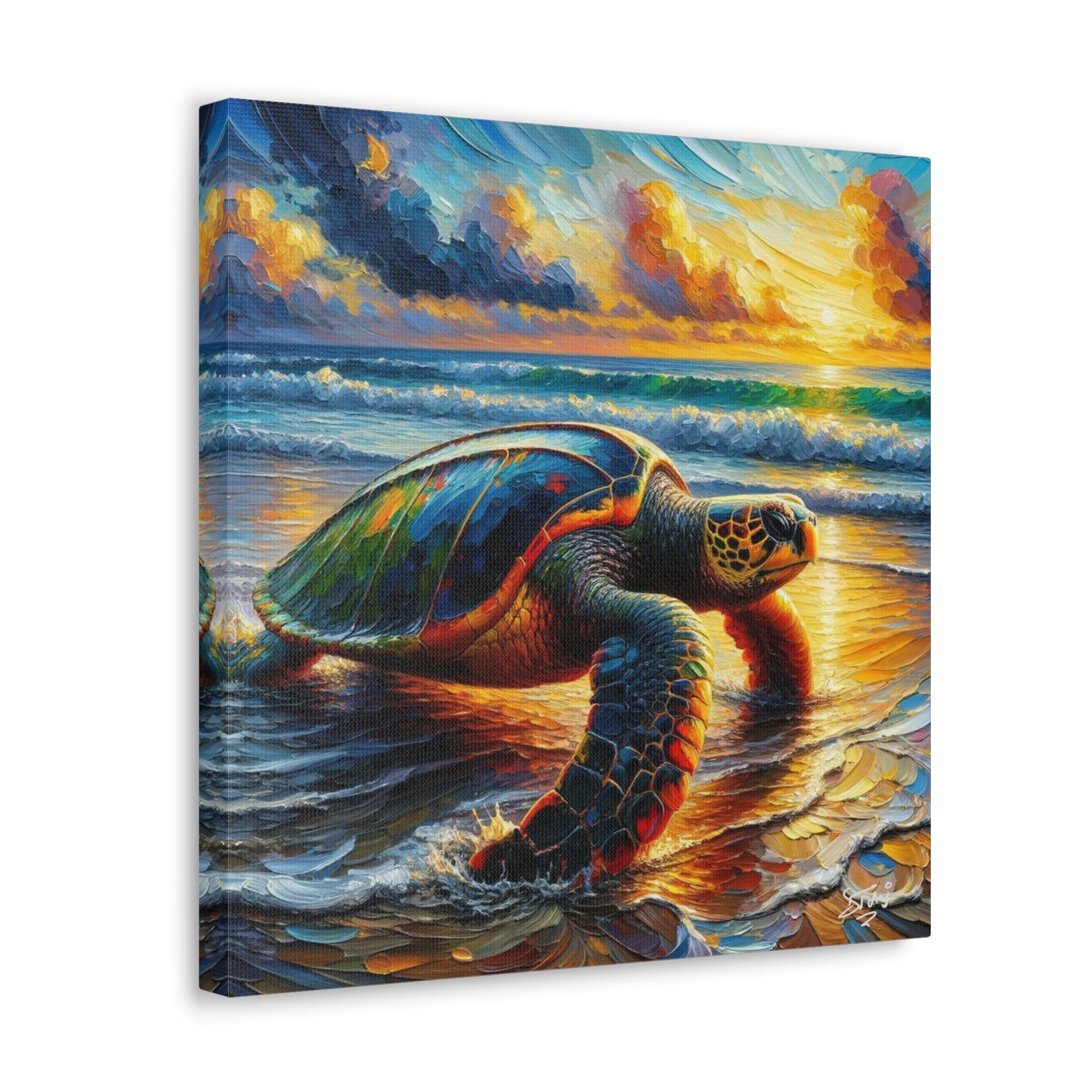 Art Print, Turtle at Sunset, Caribbean Wildlife, Oil Finish, Caribbean Nature, Culture, Heritage, Canvas Gallery Wrap