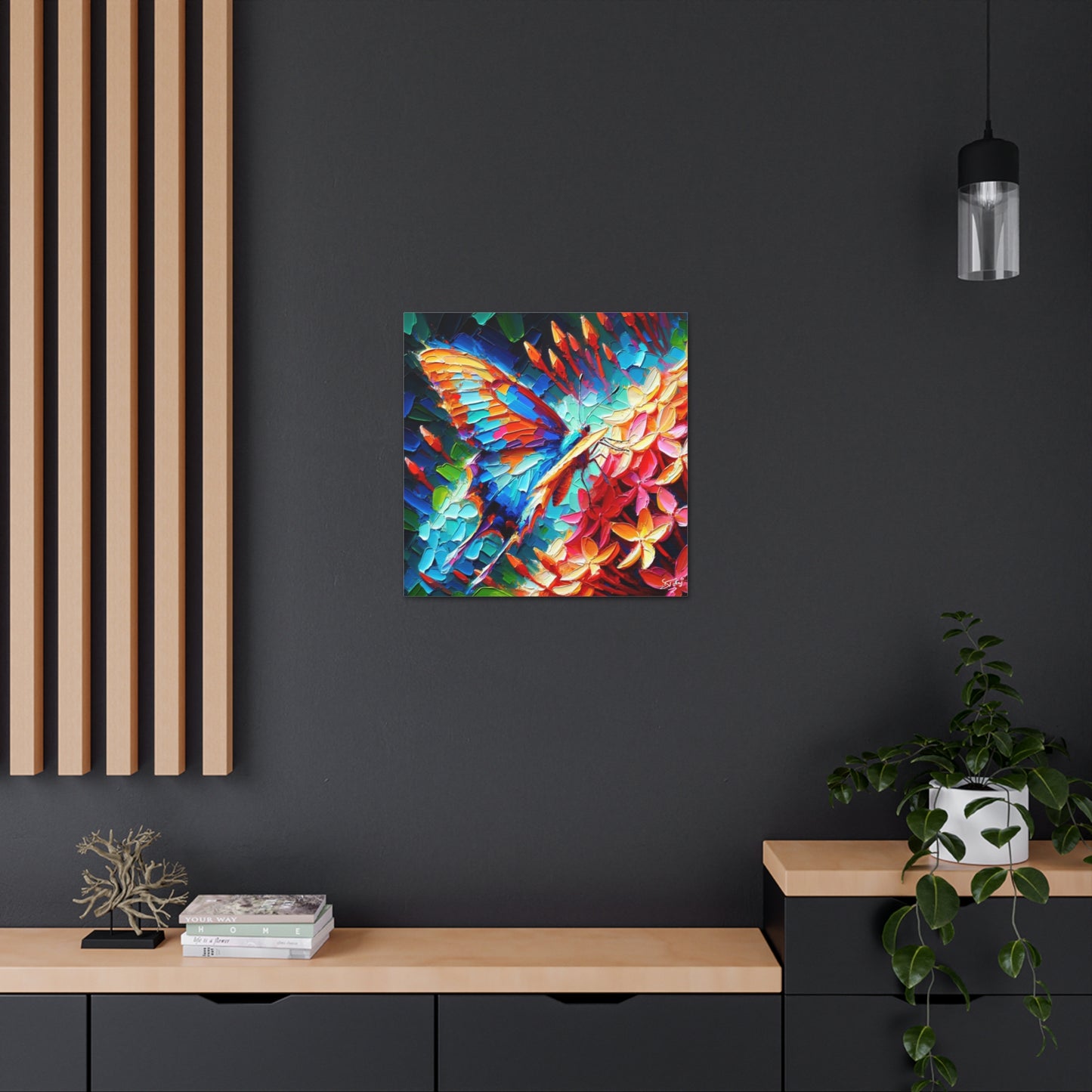 Art Print, Butterfly on Ixoras, Oil Finish, Caribbean Nature, Cultural, Heritage, Semi-Abstract, Canvas Gallery Wrap