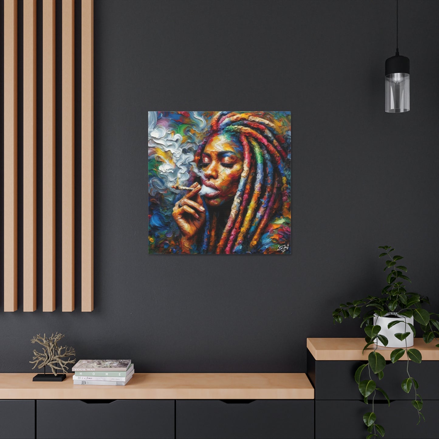 Art Print of Rasta-Woman Smoking, Oil Finish, West Indian Ethnicity, Cultural, Heritage, Afro-Caribbean Man, Semi-Abstract, Canvas Gallery Wrap