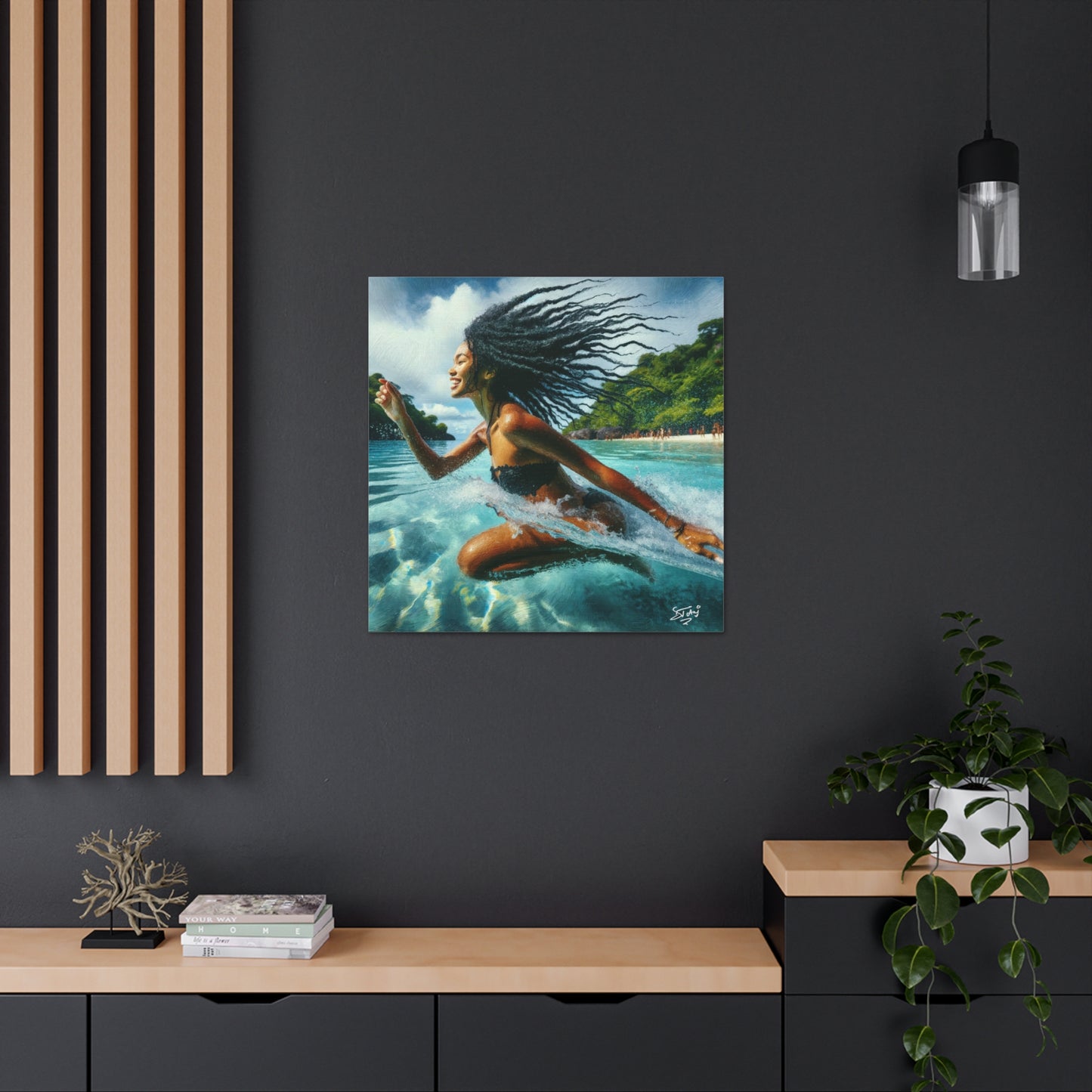 Art Print, Caribbean Woman, "Sea Bath" Abstract, Oil Finish, West Indian Ethnicity, Cultural, Heritage, Abstract, Canvas Gallery Wrap