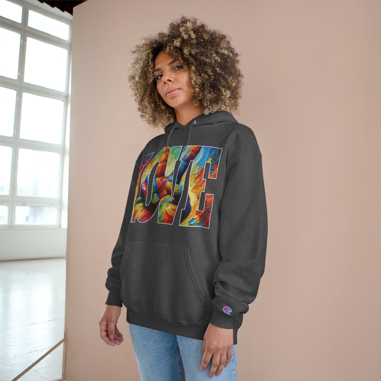 Champion Hoodie, "Peace & Love" Inclusion, Anti-Racism, Racial Justice, One Love, Unity, Diversity, Immigrant Outsiders, Caribbean Culture, FashionWithPurpose, ConsciousClothing, Cultural Identity, Black Inspiration Empowerment