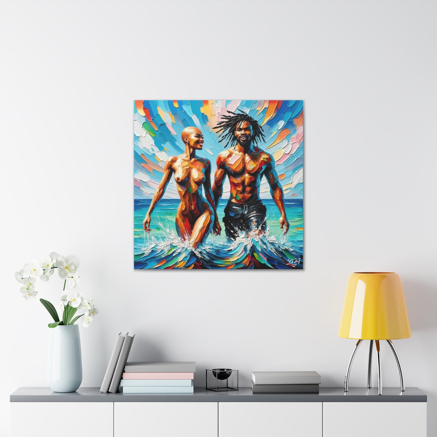 Art Print, Afro-Caribbean Couple in the Ocean, Oil Finish, West Indian Ethnicity, Cultural, Heritage, Semi-Abstract, Canvas Gallery Wrap