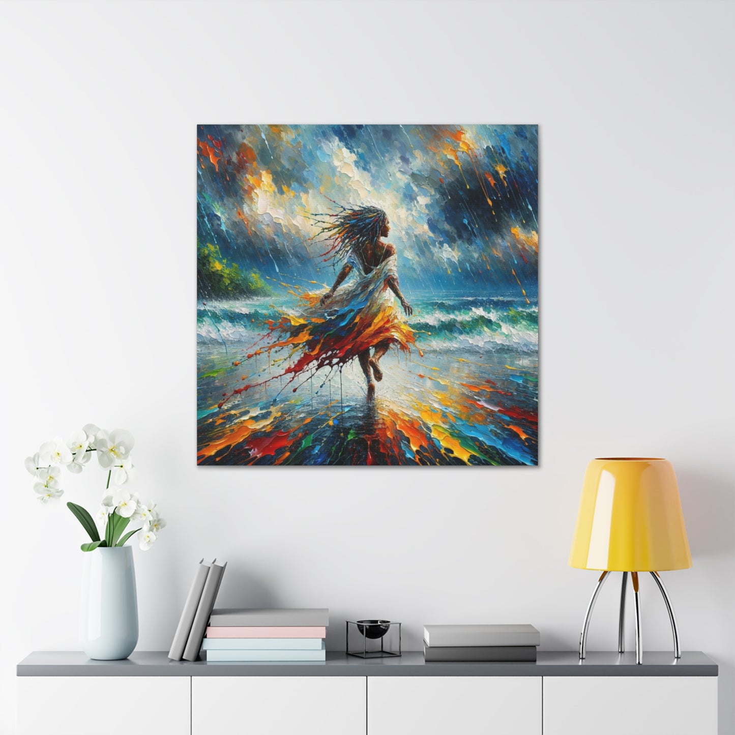 Art Print#4, East Indian Woman from Trinidad running into the Atlantic Ocean, Caribbean, Oil Finish, West Indian Art, Canvas Gallery Wraps