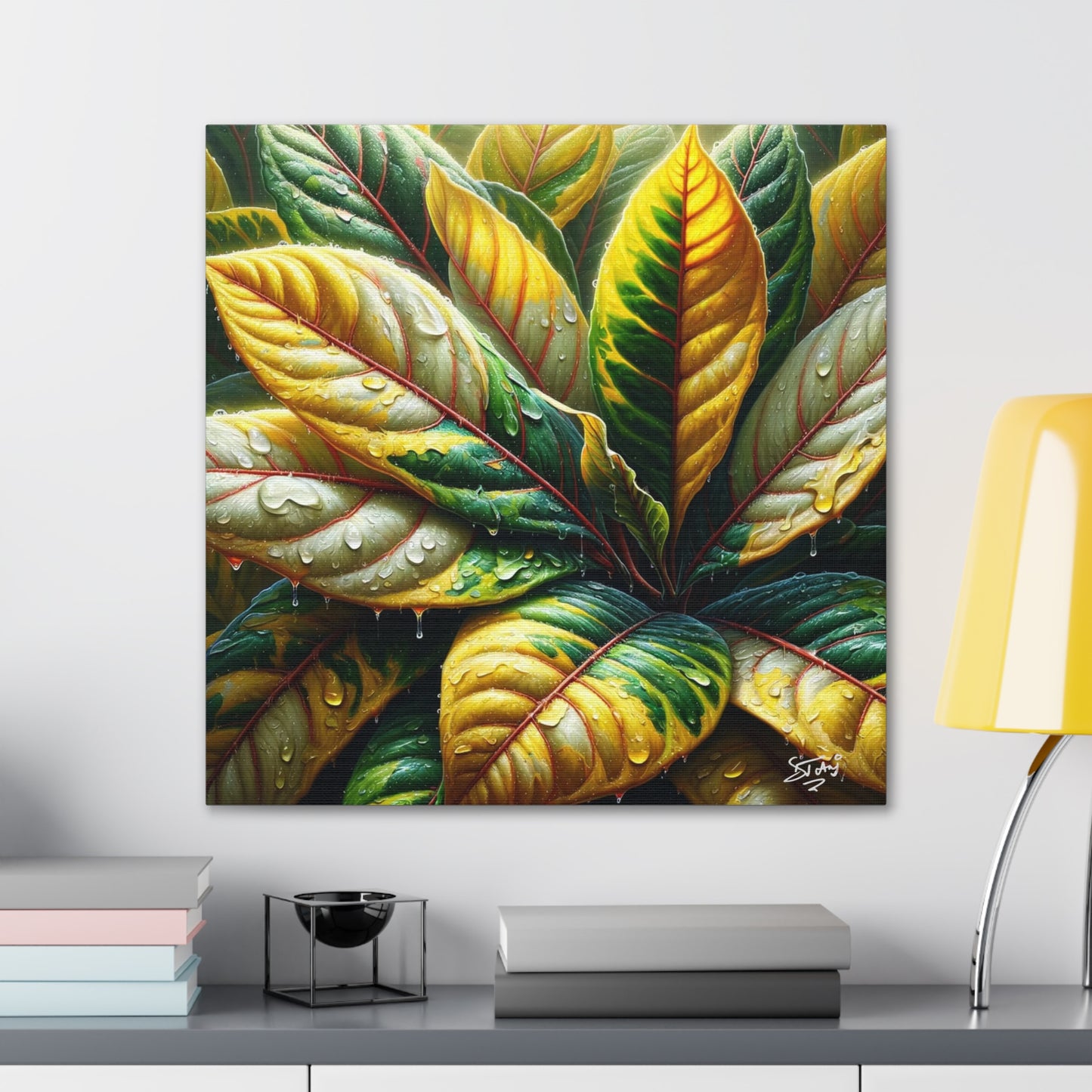 Oil Print of Croton Plant, Close-up, Still Wet from Recent Rain, Caribbean, Tropical Plant, Canvas Gallery Wraps